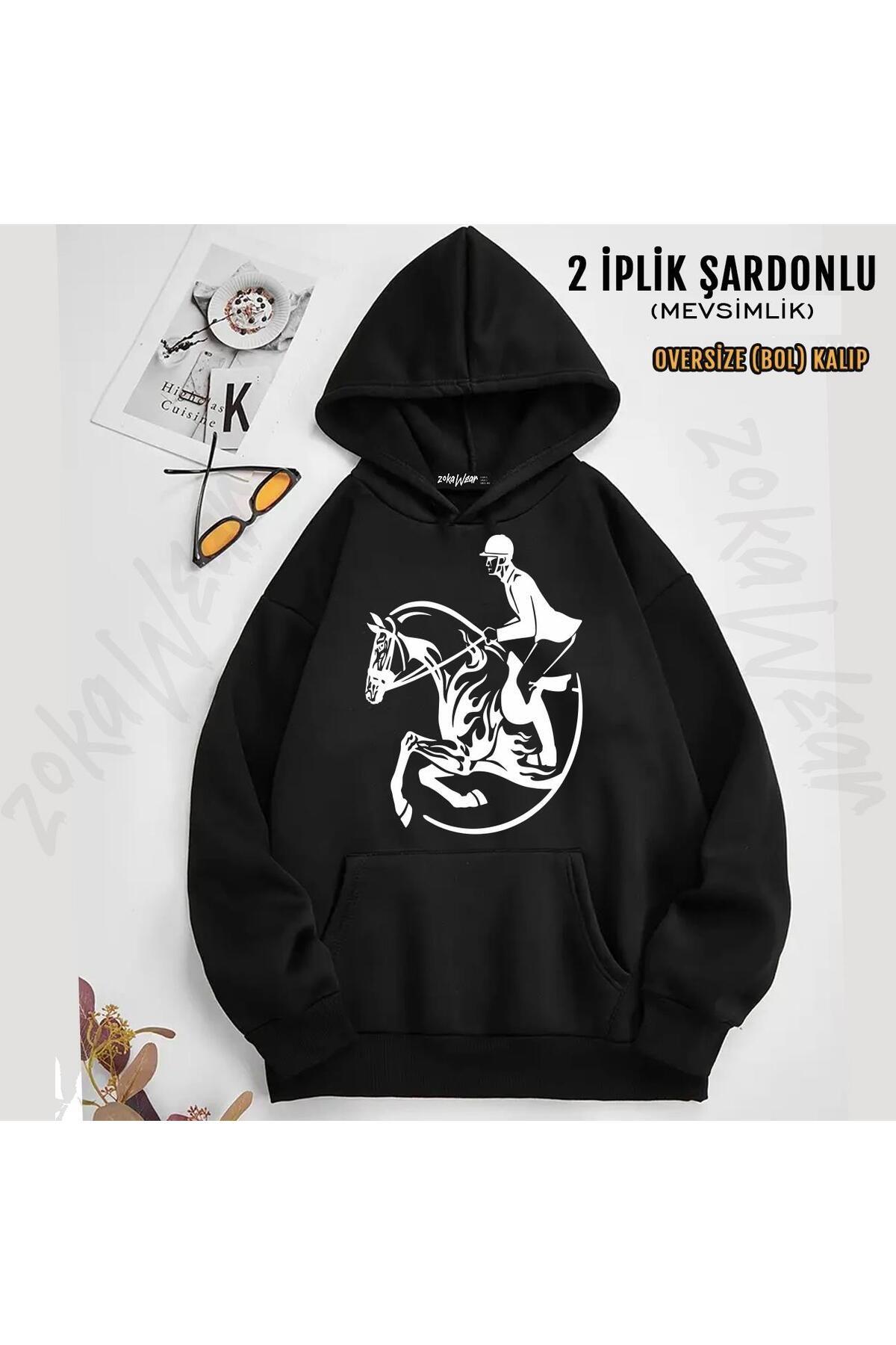 ZOKAWEAR At Yarışı   Horse Race 2 Baskılı Kapüşonlu Sweatshirt (2 İplik)