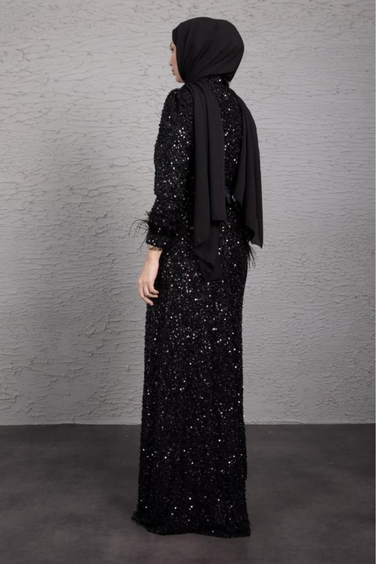 Lamia Giyim-Black Hijab Evening Dress - Sparkle Sequined and Piece Detailed 5