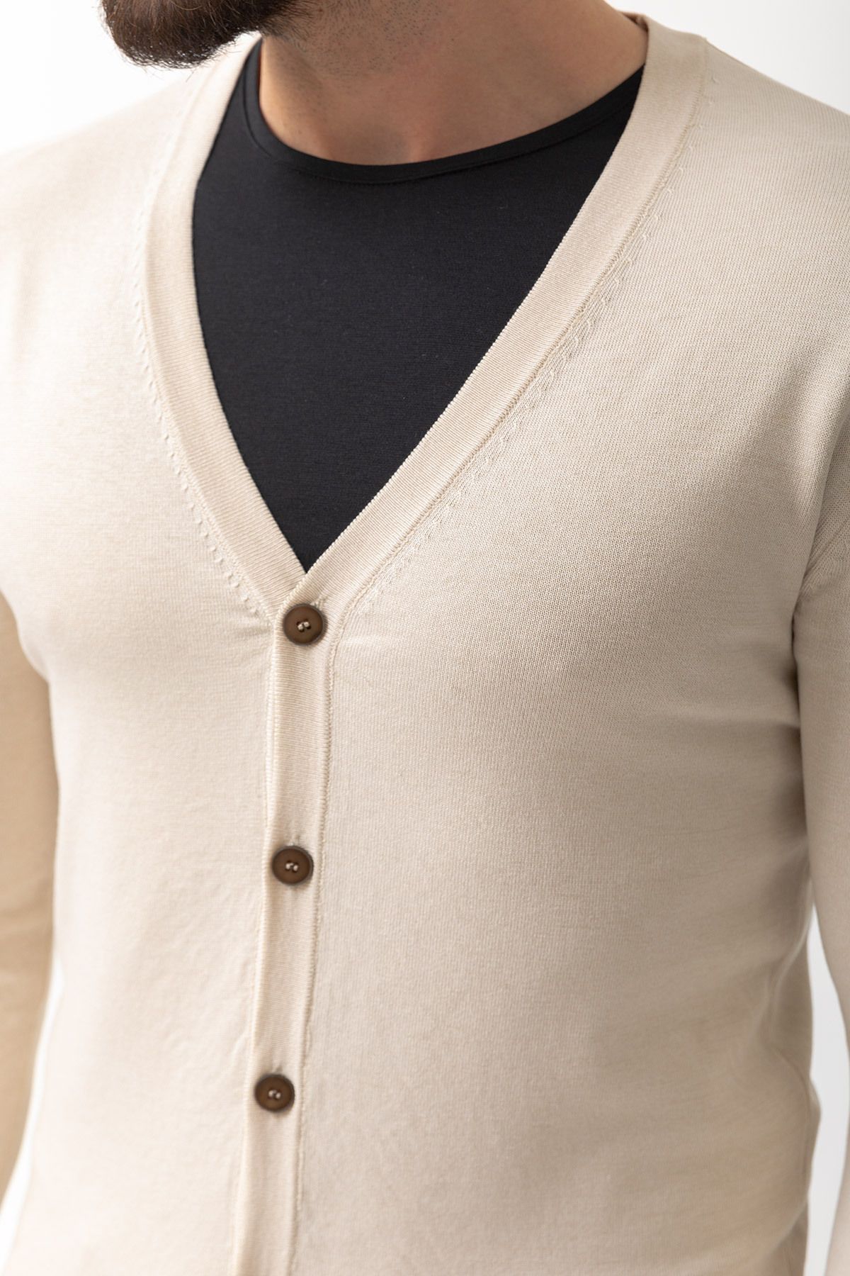 Mcr-Plain Beige Slim Fit Buttoned Knitwear Men's Cardigan 2