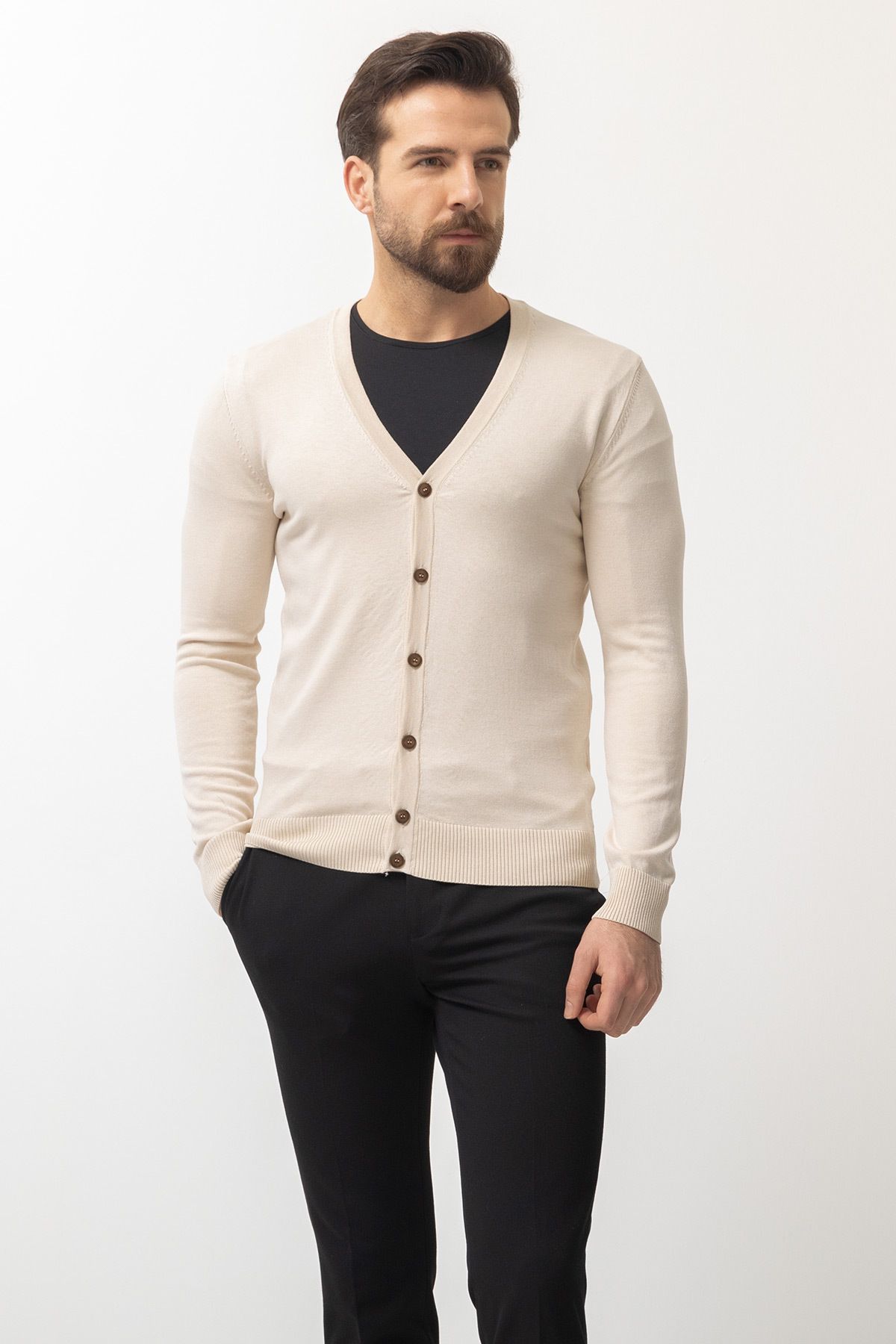 Mcr-Plain Beige Slim Fit Buttoned Knitwear Men's Cardigan 1