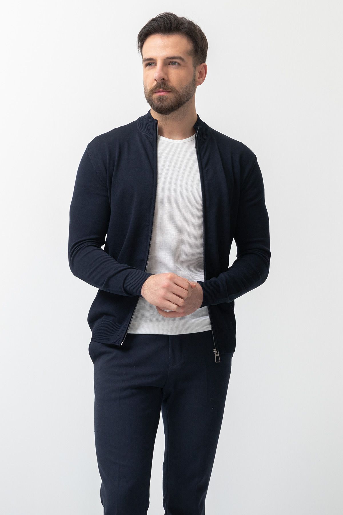 Mcr-Navy Blue Slim Fit Men's Cardigan - Half Turtleneck 4