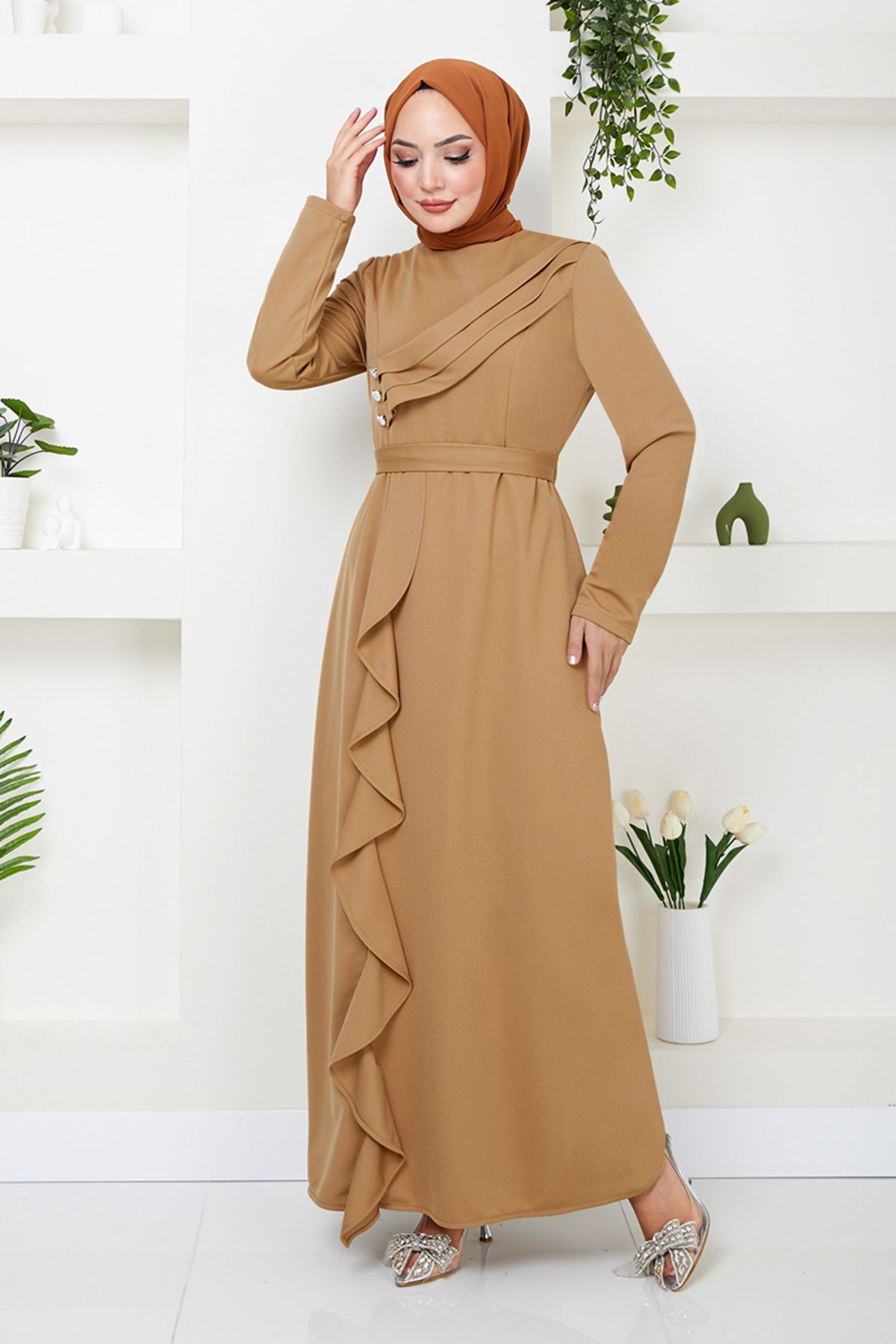 ModaMerve-Rochie de seară Hijab Drapată Latte - 12241PL940-M 3