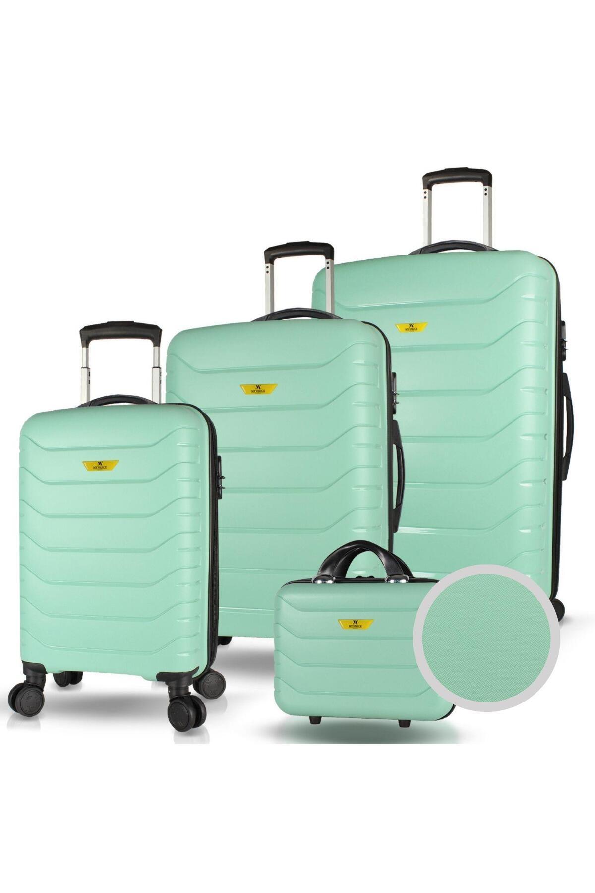 My Valice Solid PP Polipropilen Kırılmaz Kabin Orta Büyük ve Makyaj Boy Mint Yeşili 4'lü Valiz Seti