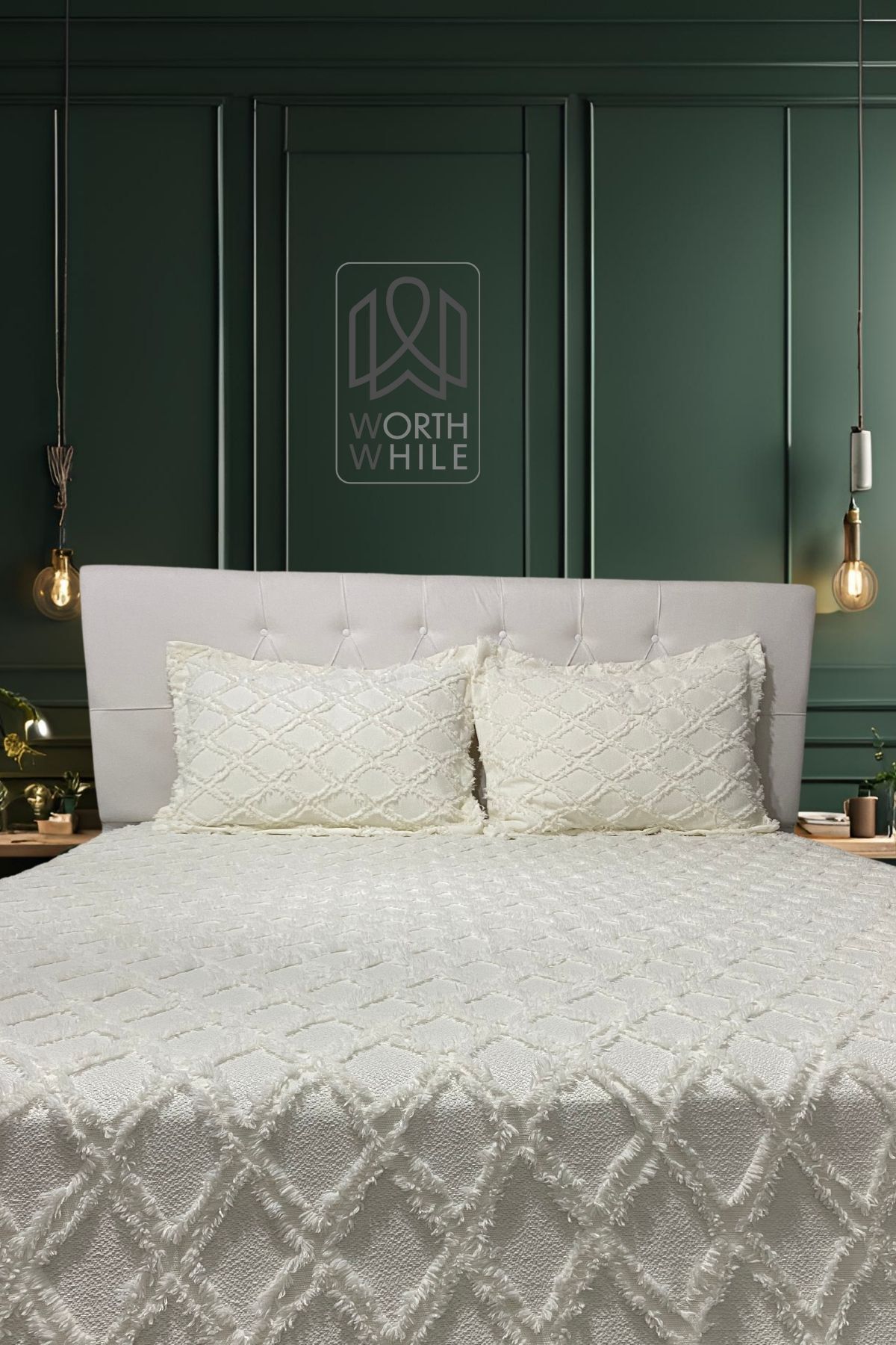 WorthWhile-Diamond Patterned Double Chenille White Bedspread Set Pique Set of 3 4