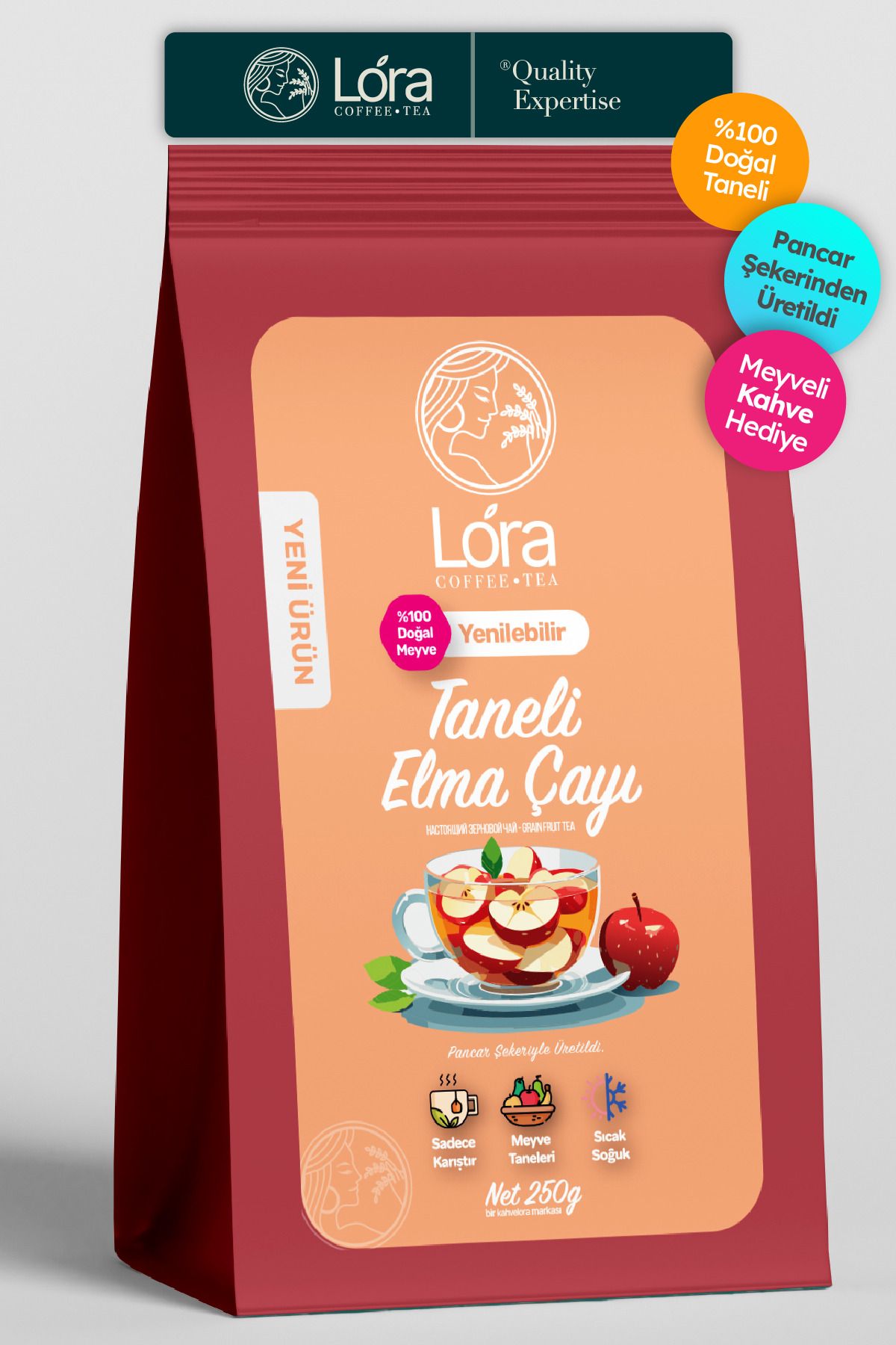 LoraTea 250g Doğal Yenilebilir Taneli Elma Çayı - Bardakta Hazır - Sıcak Yada Soğuk Hazırla - Elma Kurusu