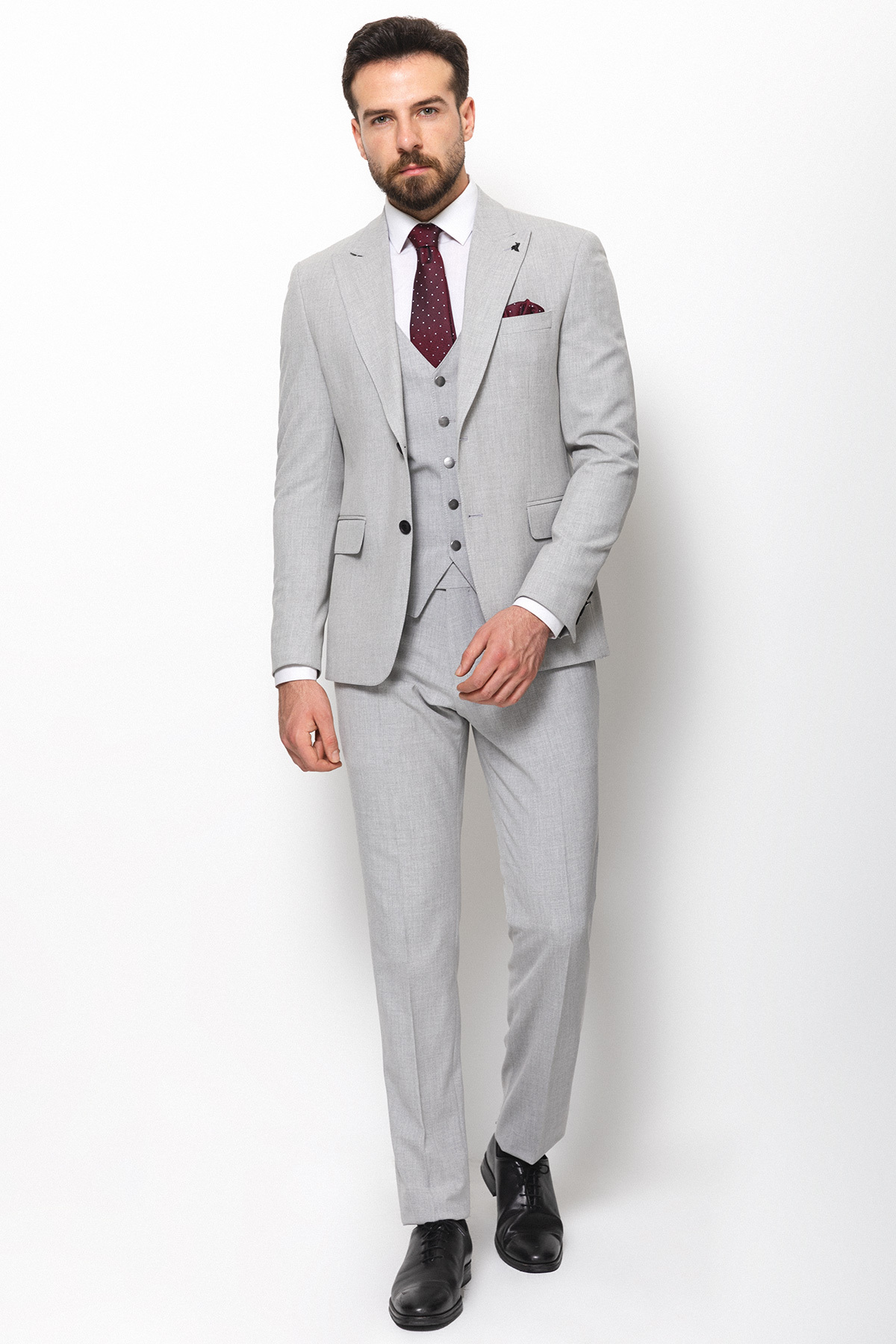 Düz Slim Fit Mono Yaka Klasik Erkek Takım Elbise Gri - 40761.21Y — رنگارنگ