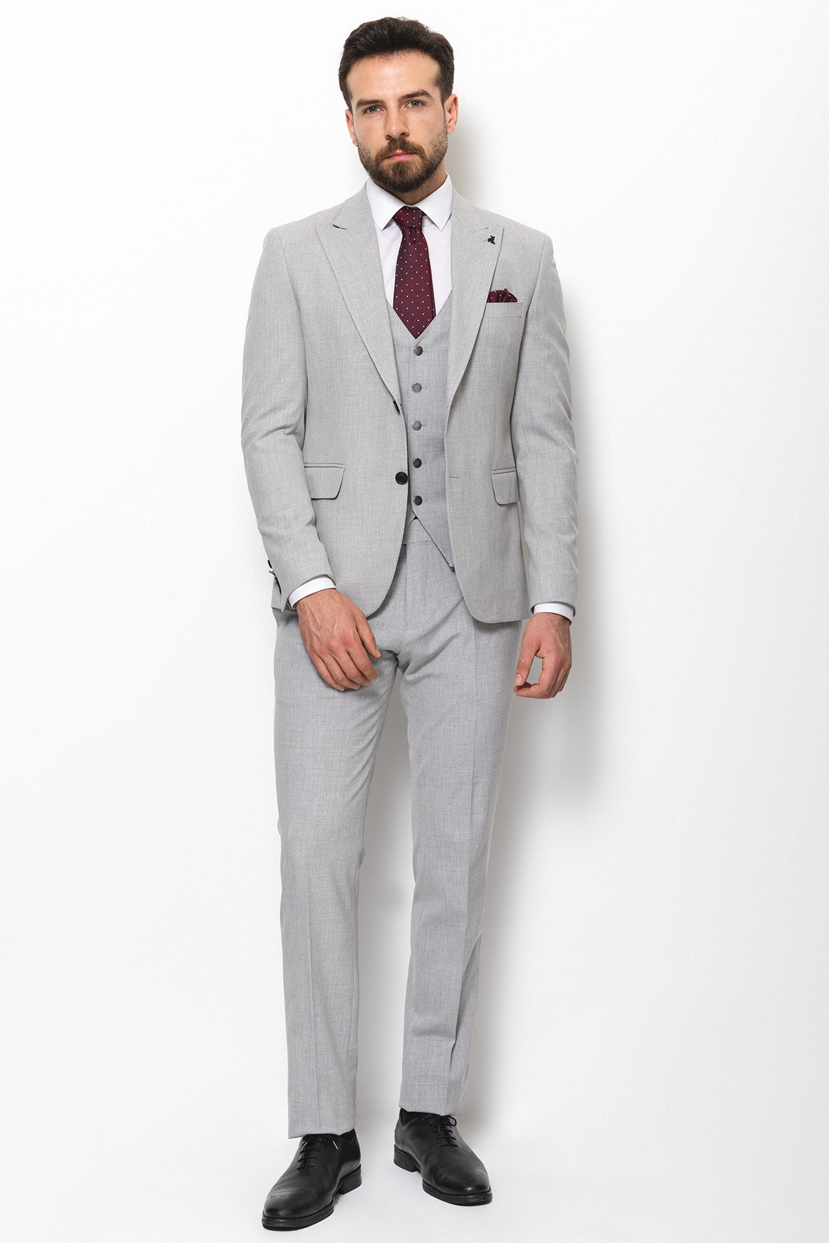 Düz Slim Fit Mono Yaka Klasik Erkek Takım Elbise Gri - 40761.21Y — رنگارنگ — تصویر 3 از 6
