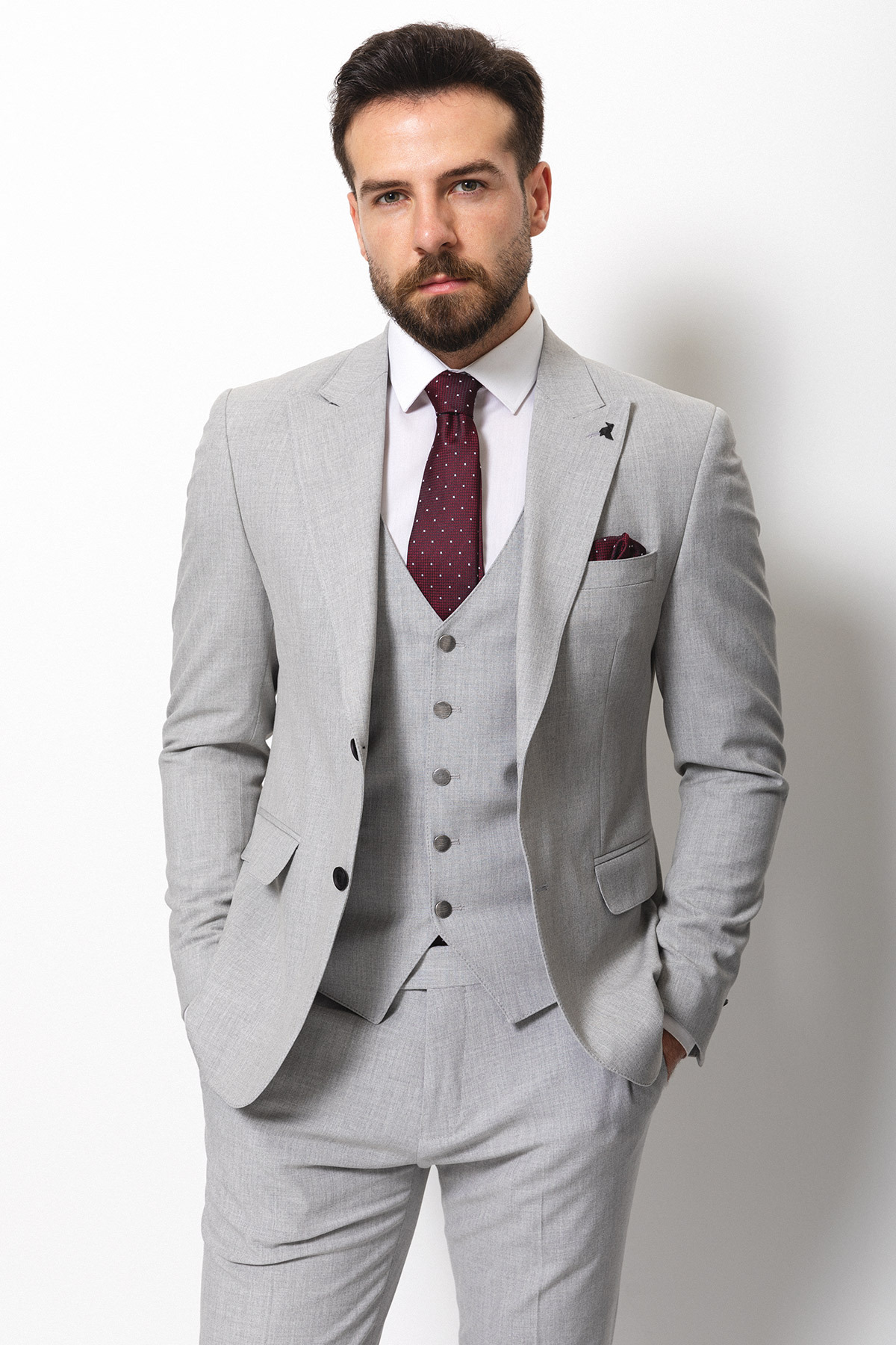 Düz Slim Fit Mono Yaka Klasik Erkek Takım Elbise Gri - 40761.21Y — رنگارنگ — تصویر 2 از 6