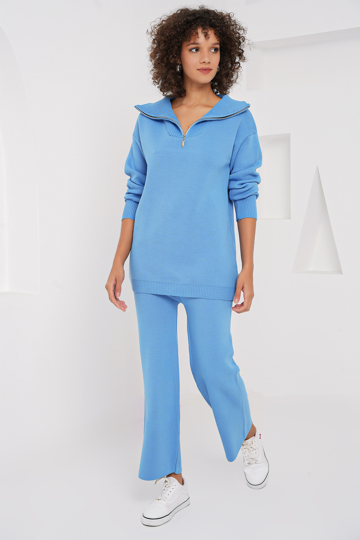 Bigdart-15901 Set de hanorac și pantaloni cu fermoar pentru tricotaje albastre 1