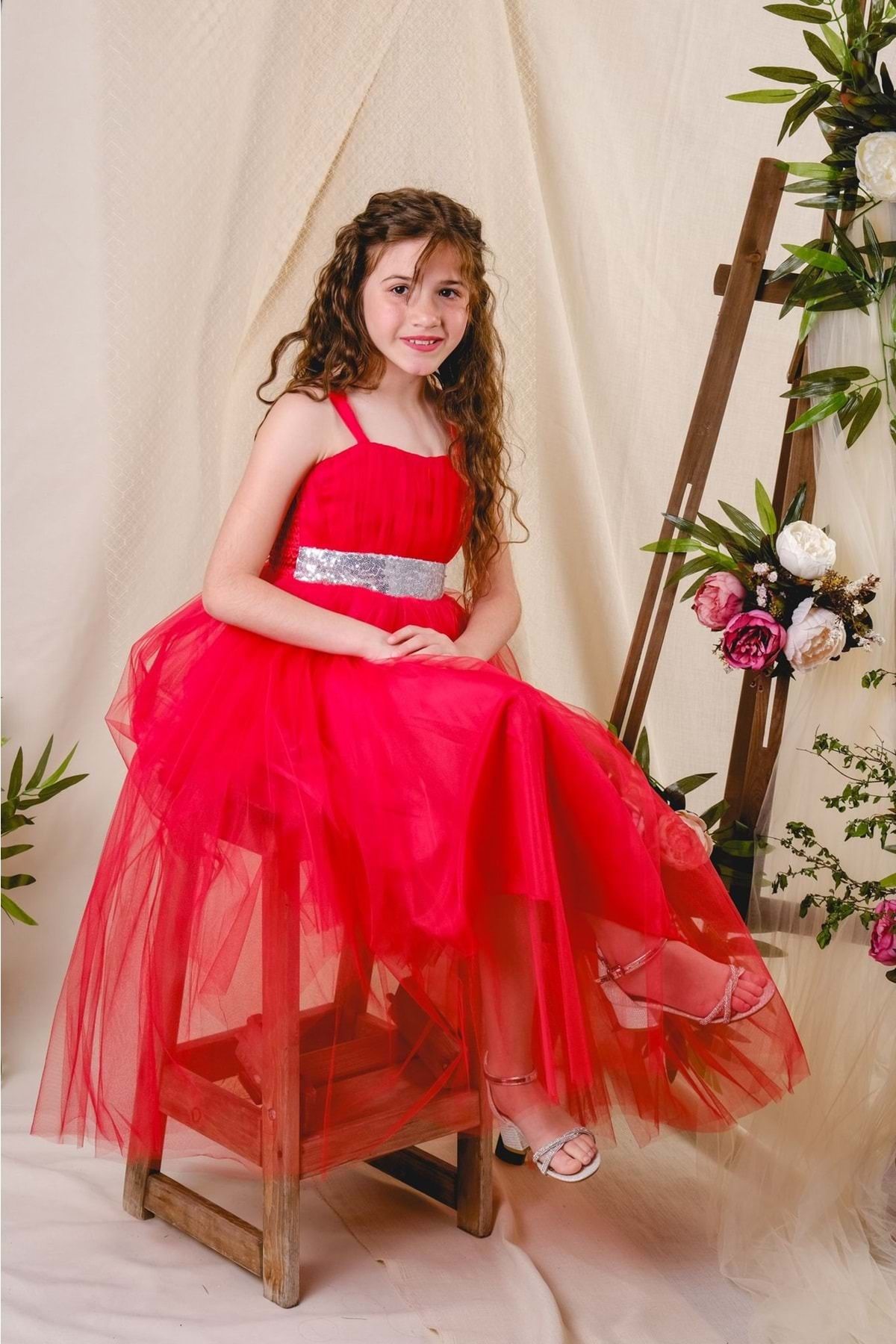 Mnk-Back Guiped Tulle Girl's Satin Evening Dress Mnk0340 Red 1