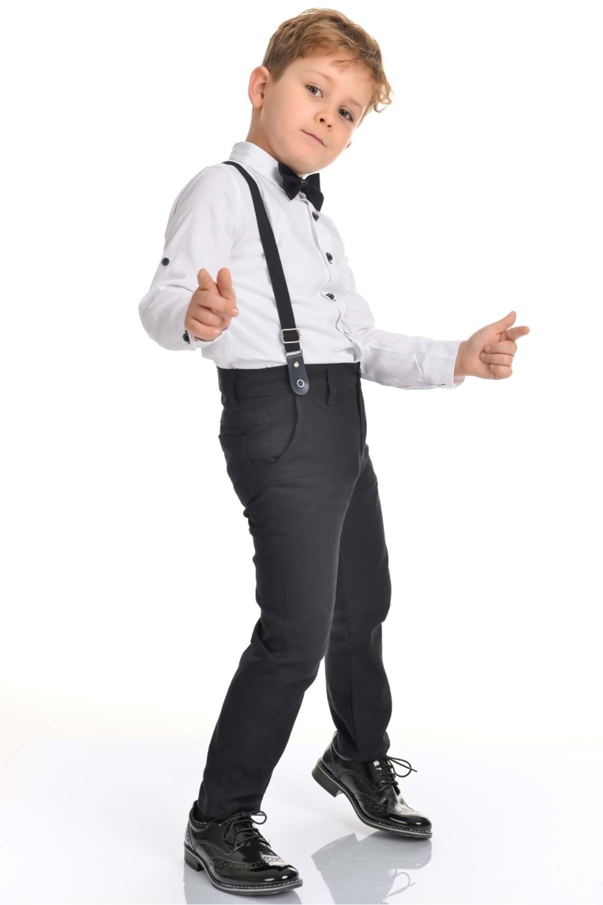 Mnk Baby&Kids Oxford Gömlek Uzun Pantolon Erkek Çocuk Takımı MNK0302 BEYAZ - SİYAH fotoğrafı 2 (önizleme)