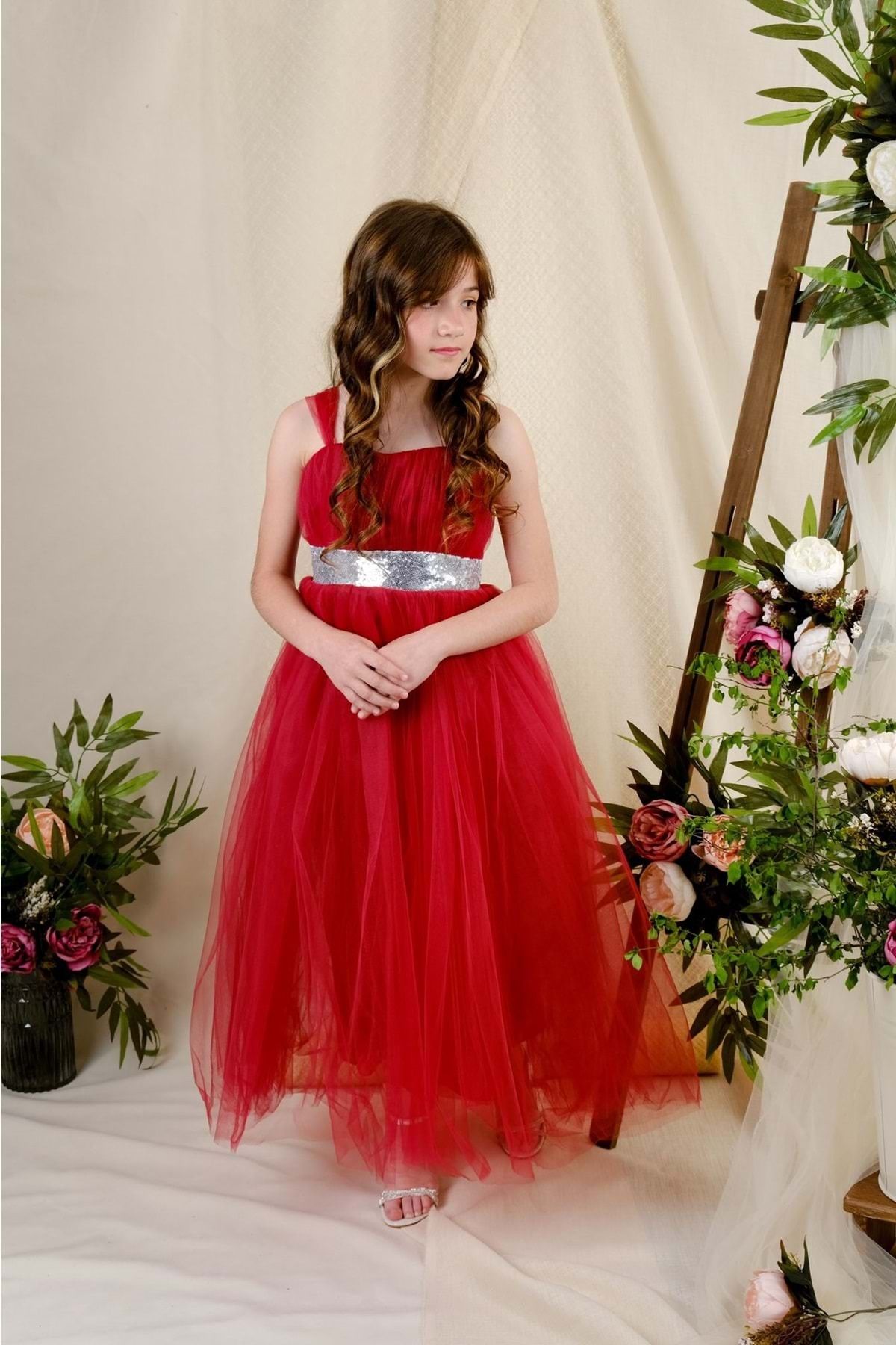 Mnk-Back Guiped Tulle Girl's Satin Evening Dress Mnk0340 Red 2