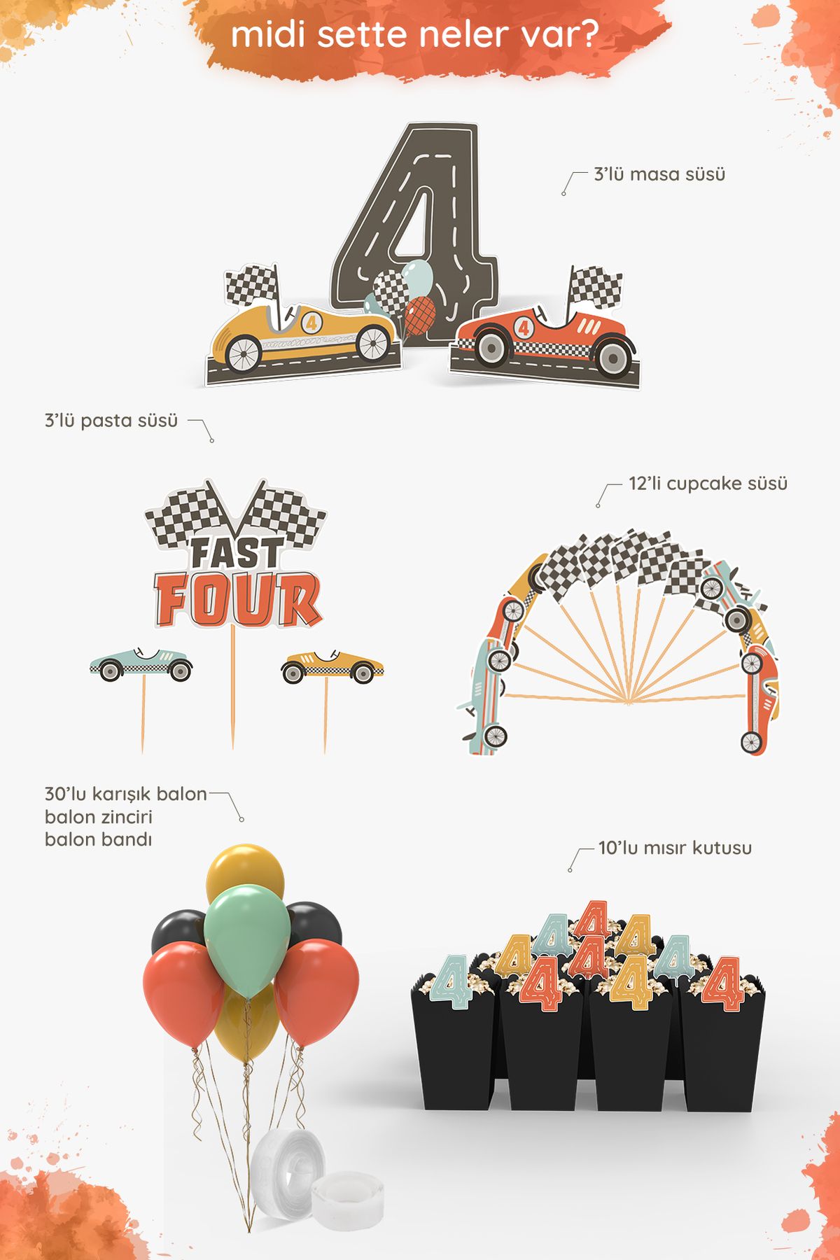 Hey Parti-Fast Four Retro Car Themed 4 Year Old Birthday Party Set - Midi 2