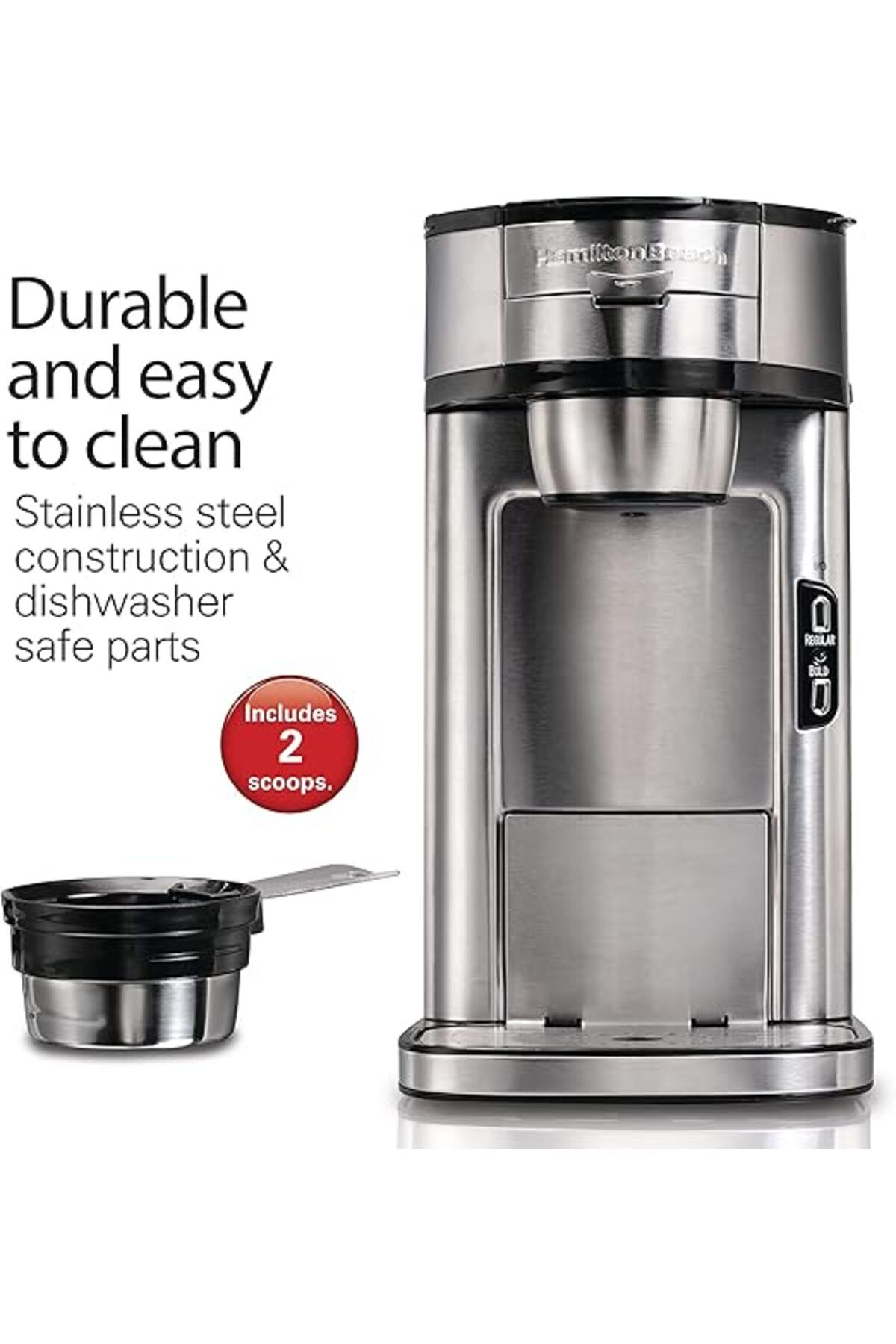 Hamilton Beach-Scoop® Single-Serve Coffee Maker, Brews 250-410 ml Cups Coffee in mins, 2 Metal Filters 2