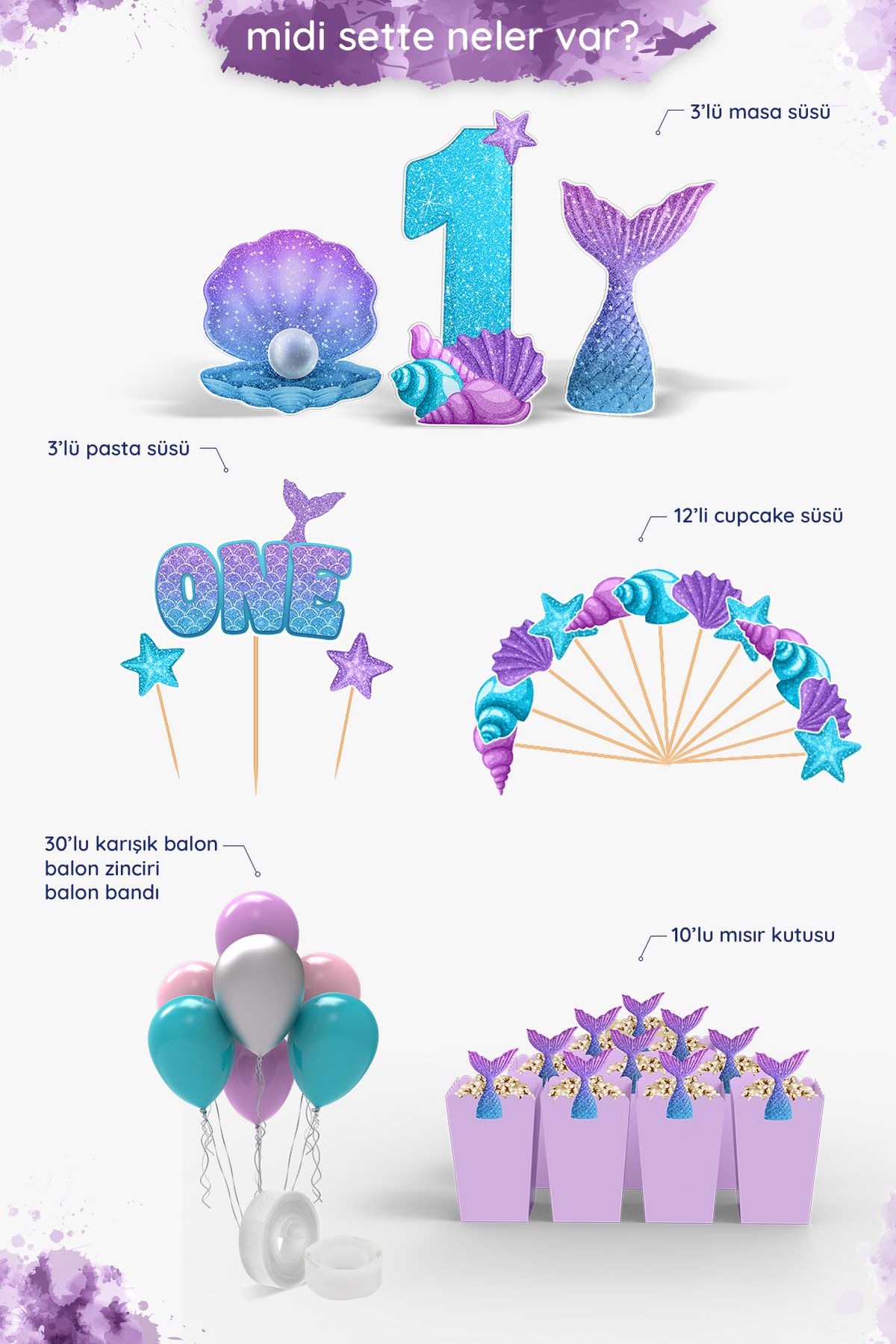 Hey Parti-Mermaid Themed 1 Year Birthday Party Set - Birthday Concept - Midi 2