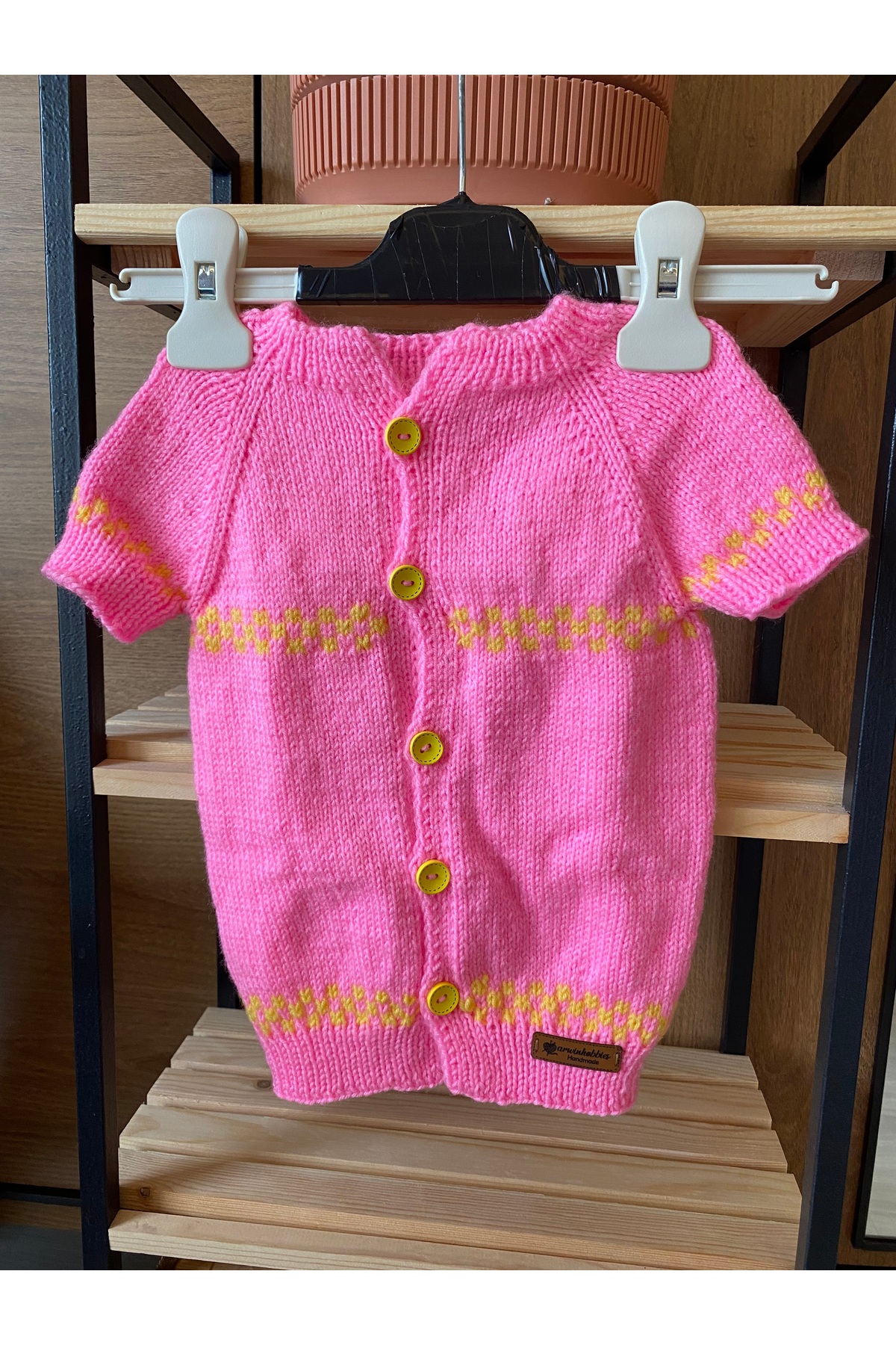 Handmade Pembe-Sarı Çizgili Kız Çocuk Yelek 0-6 Ay fotoğrafı 5 (önizleme)