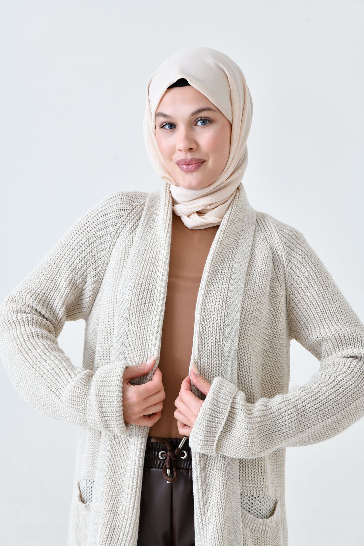 vuvutasarım-Tricotaj Cardigan de damă - buzunar dublu, guler șal, detaliu Hijab de piatră 5001 5