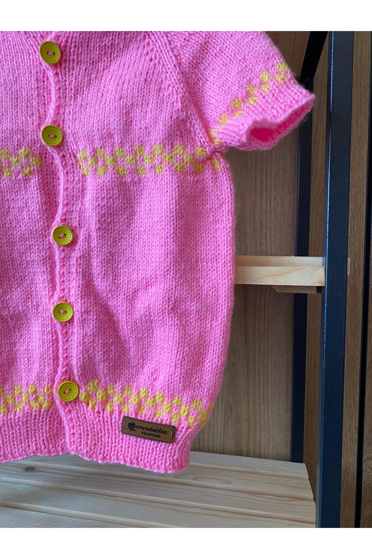 Handmade Pembe-Sarı Çizgili Kız Çocuk Yelek 0-6 Ay fotoğrafı 3 (önizleme)