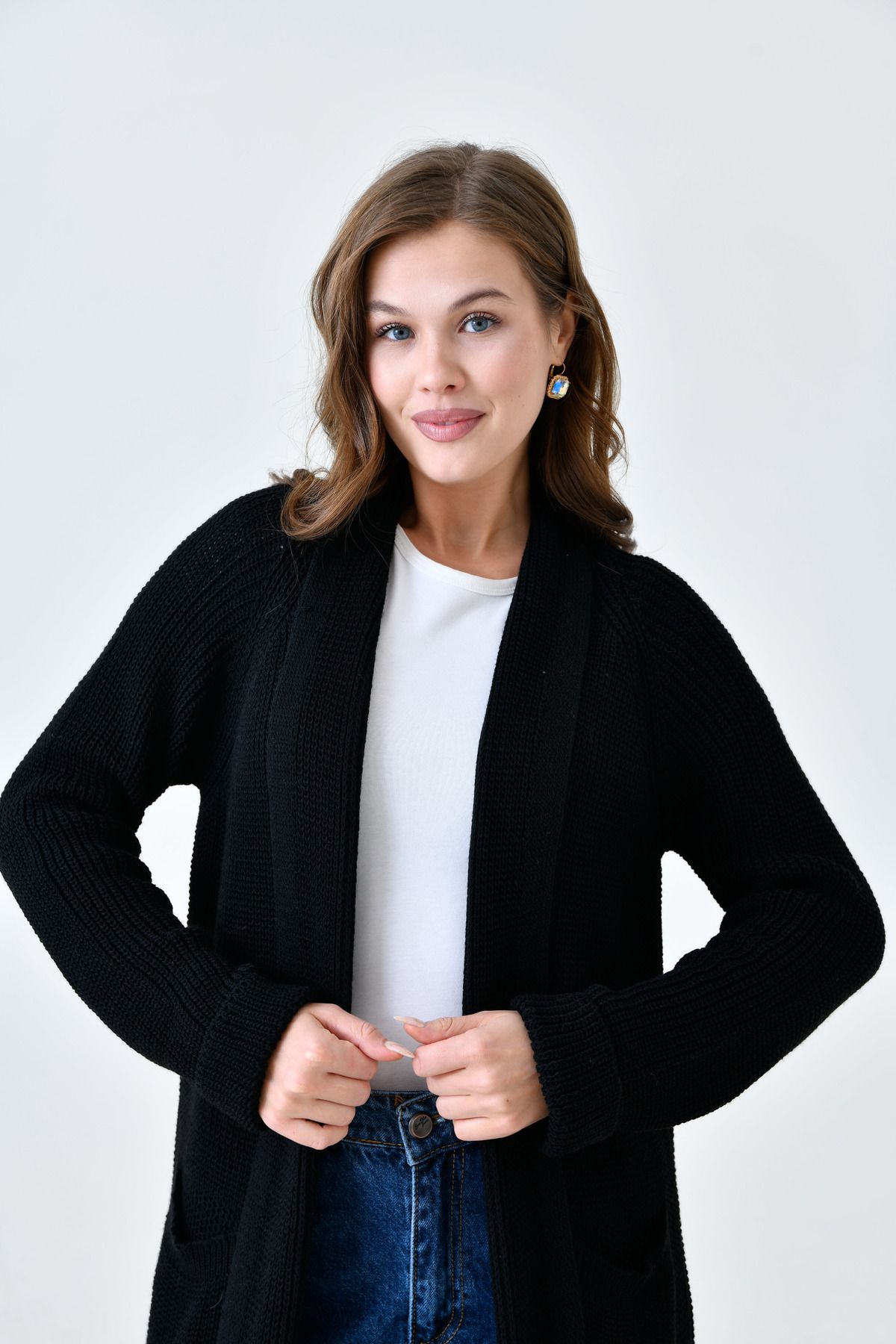 WOMAN VISION-Women's Black Knitwear Fabric Double Pocket Detail Shawl Collar Long Cardigan 5001 5