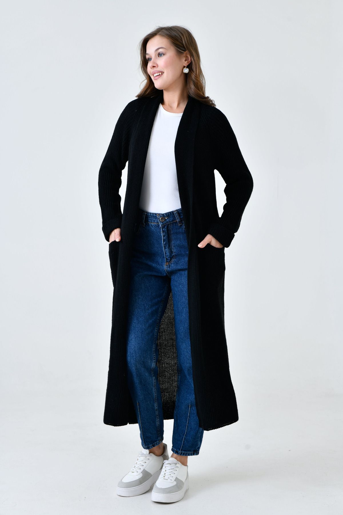 WOMAN VISION-Women's Black Knitwear Fabric Double Pocket Detail Shawl Collar Long Cardigan 5001 1