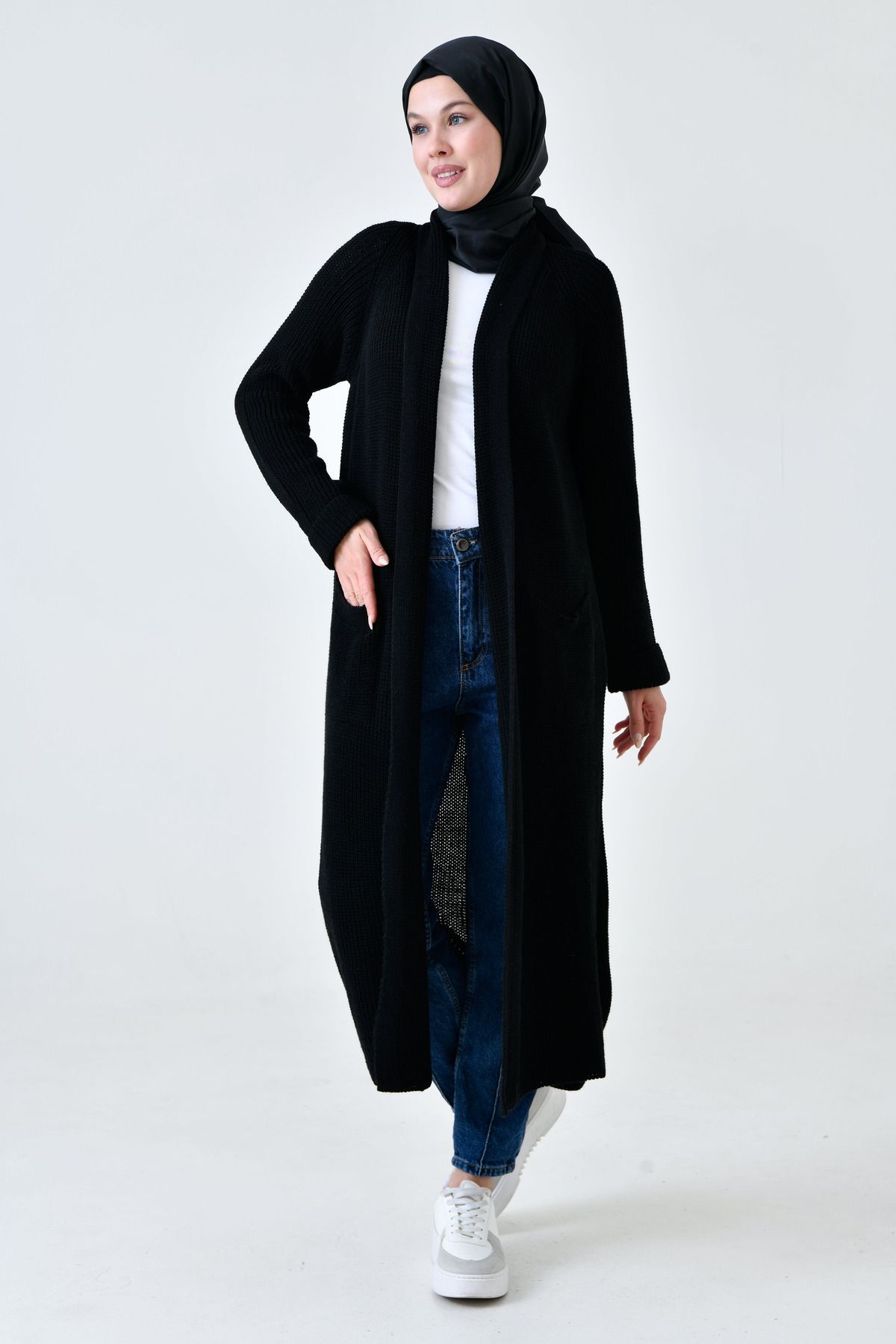 lovebox-Black Knitwear Hijab Clothing Cardigan - Double Pocket, Shawl Collar, Long - 5001 1