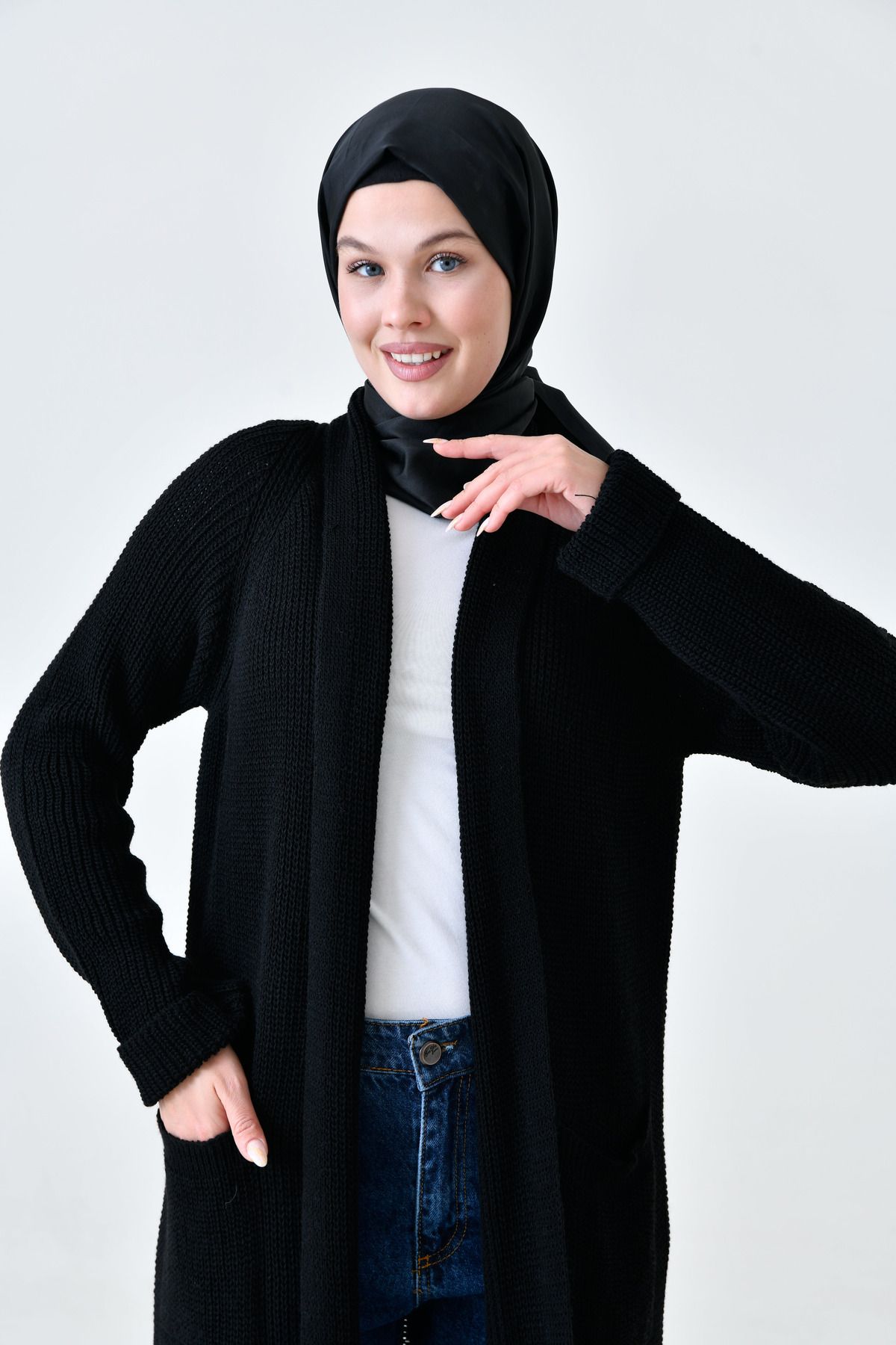 lovebox-Black Knitwear Hijab Clothing Cardigan - Double Pocket, Shawl Collar, Long - 5001 2