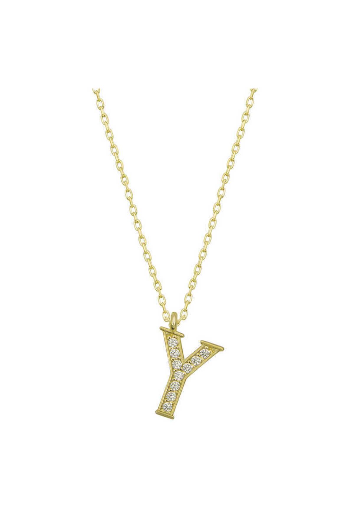 musellife 925 Ayar Gümüş Gold Y Harfi Kadın Gümüş Kolye (T6632) (491491)