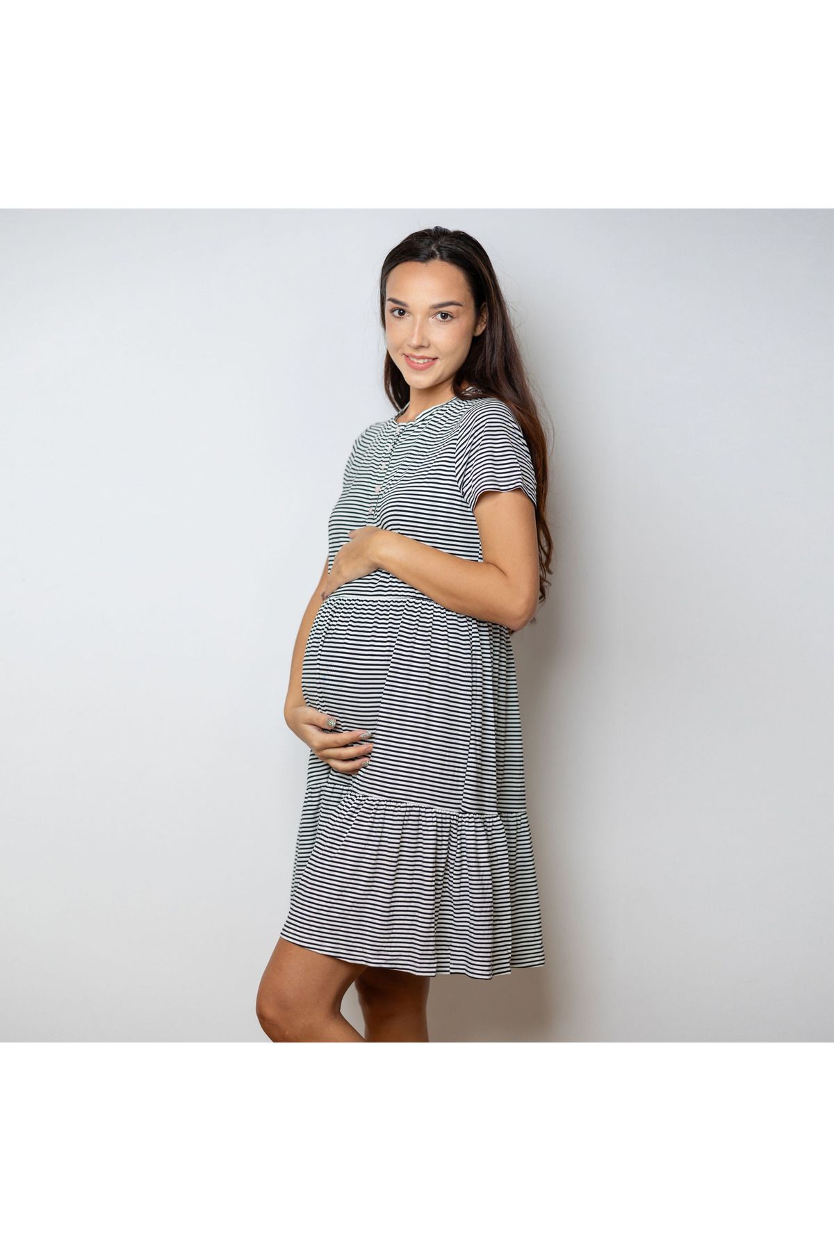 Aadaraya-Striped Maternity Sleepshirt with Short Sleeves 1