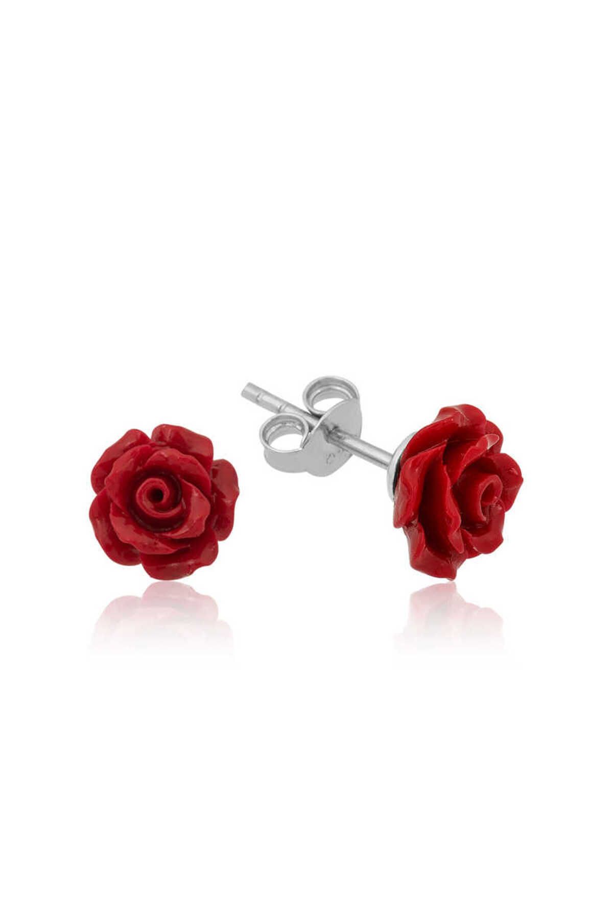musellife 925 Ayar Gümüş Kırmızı Gül Küpe (T4721) (491491)