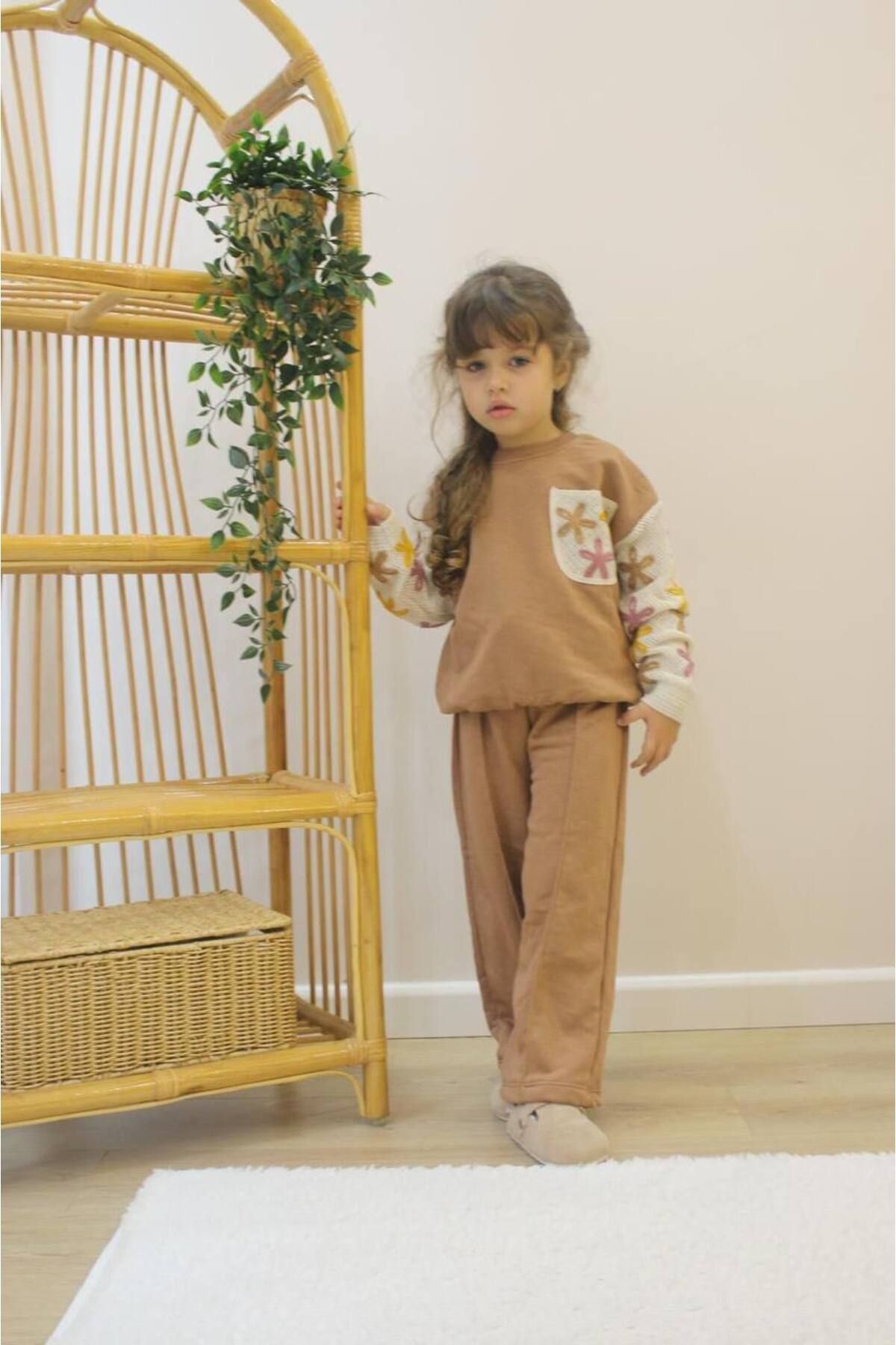 MİO-Girl's Raised Brown Knitted Detailed Wide Leg Set 2