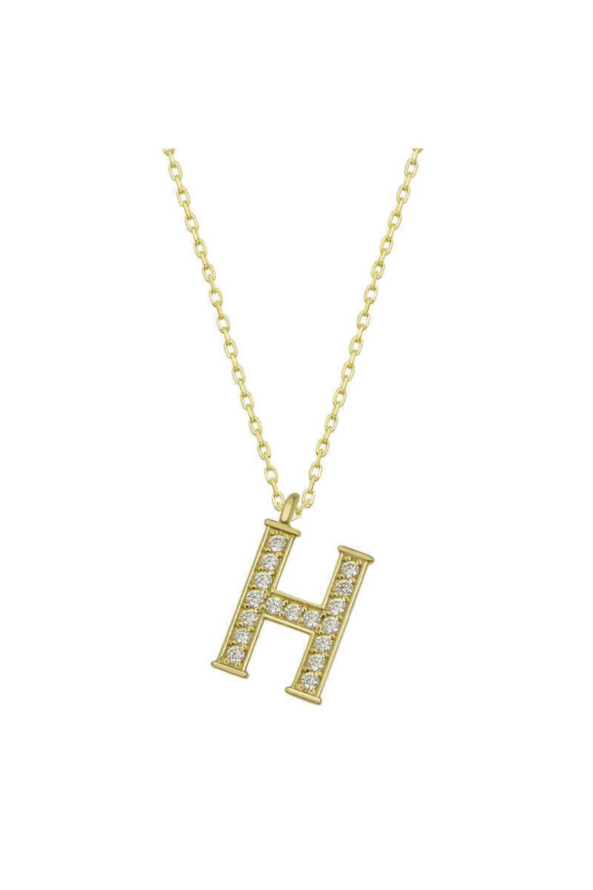 musellife 925 Ayar Gümüş Gold H Harfi Kadın Gümüş Kolye (T6614) (491491)