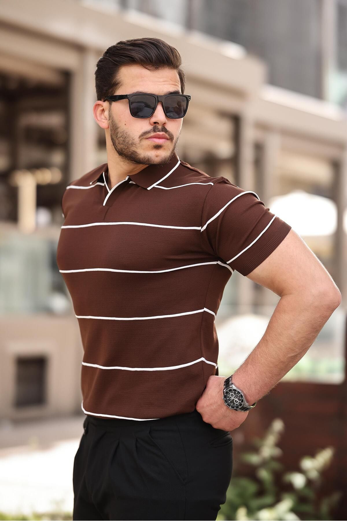 Miron-Tricou din tricot cu dungi maro cu gât polo - 2427 3