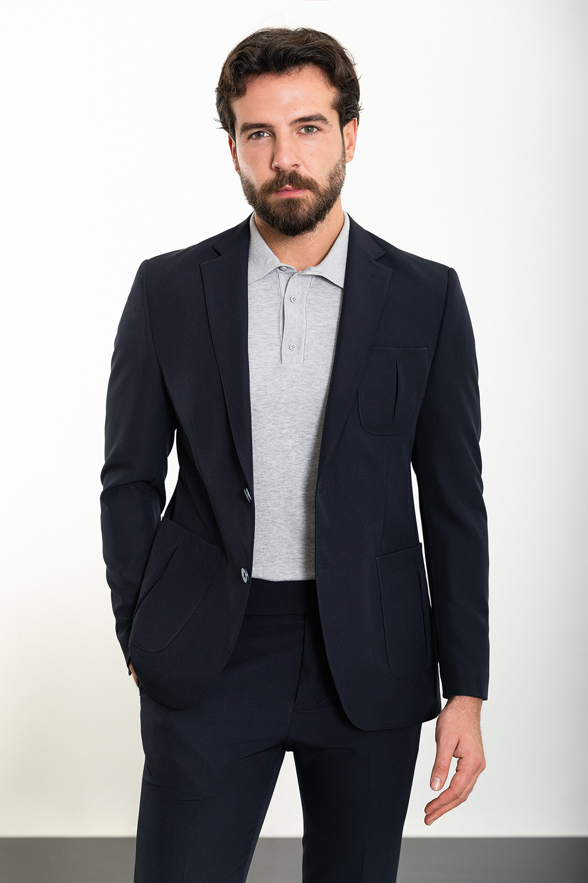 Mcr Straight Slim Fit Bag Pocket Mono Collar Sports Men's Suit Navy Blue - 45231.23Y