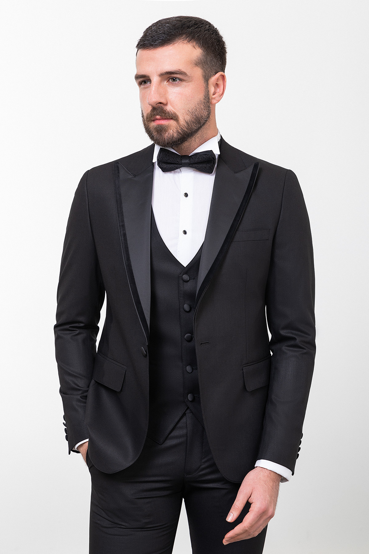 Mcr Straight Slim Fit Wide Collar Men's Groom Suit Black - 45224.23Y