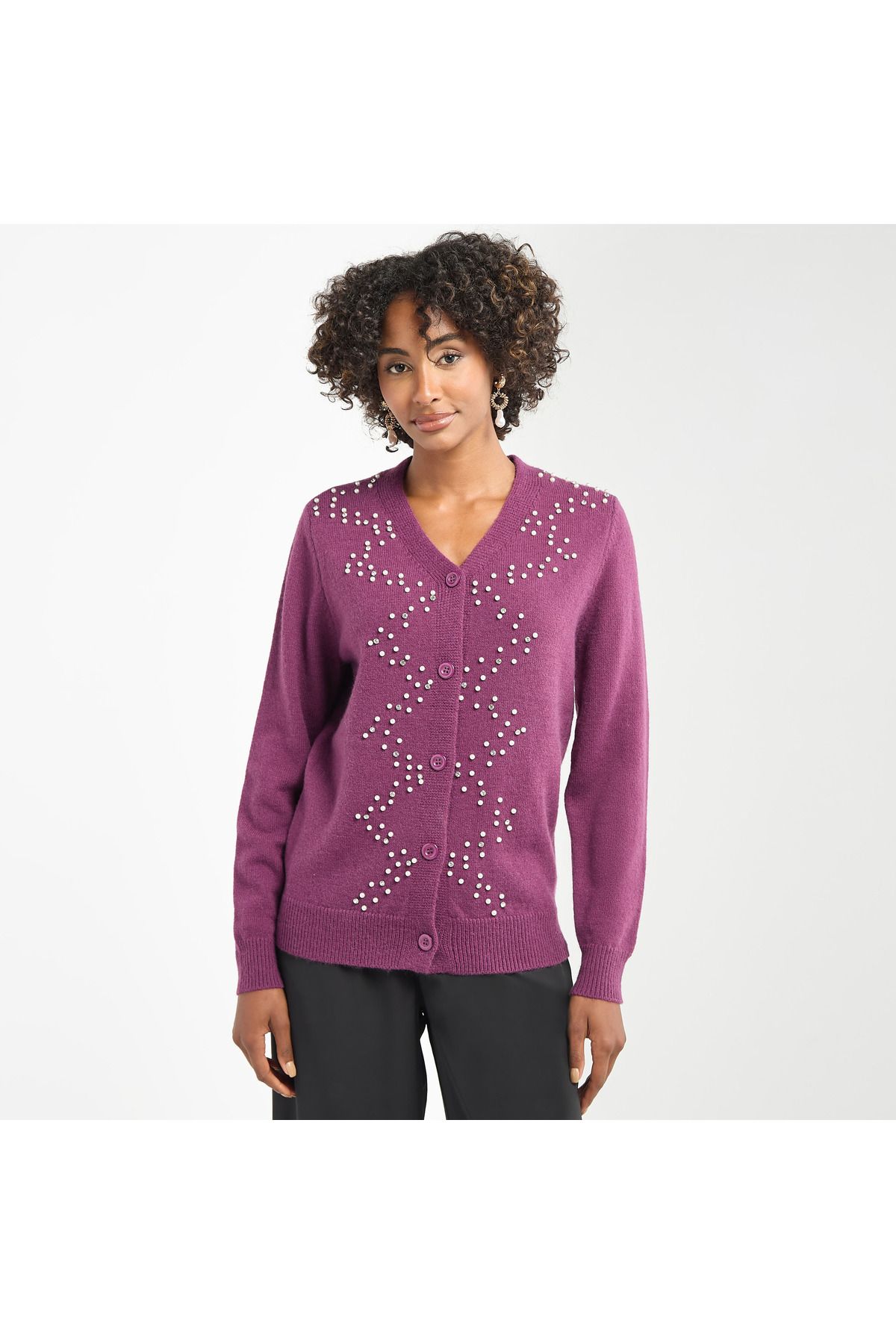 FAV-Embellished Button Through Cardigan with Long Sleeves 1