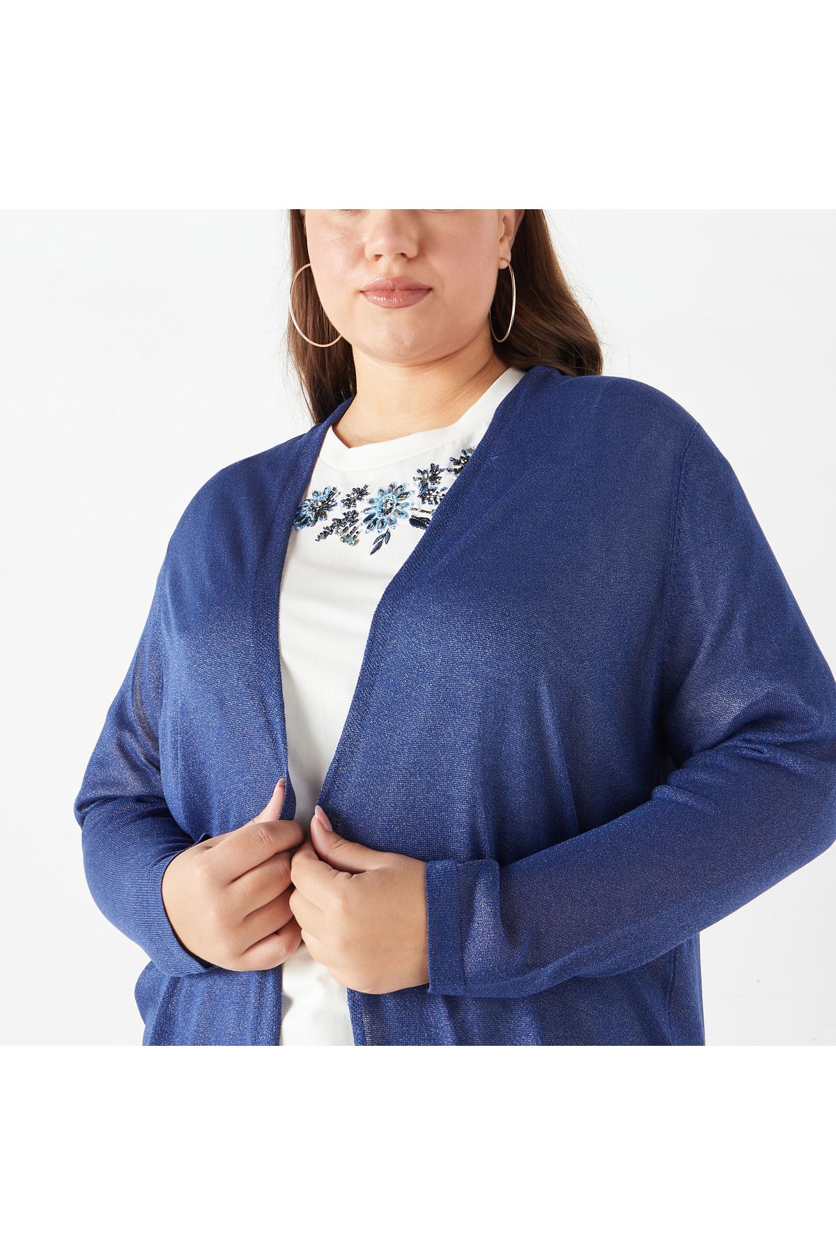 Ulla Popken-Plus Size Ulla Popken Textured Shrug with Long Sleeves and Pockets 4