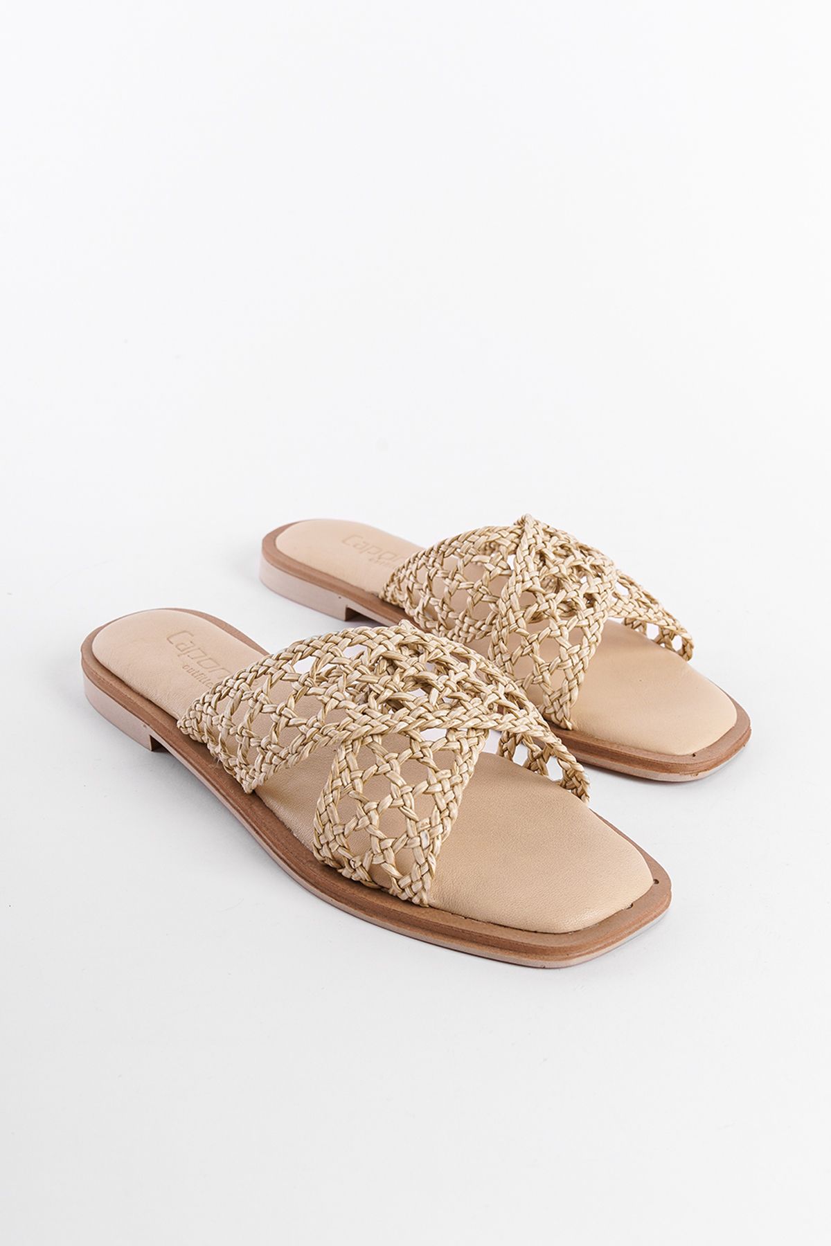 دمپایی نود زنانه حصیر چرمی واقعی Misis Crazy Flat Heels Dlippers Capone Outfitters
