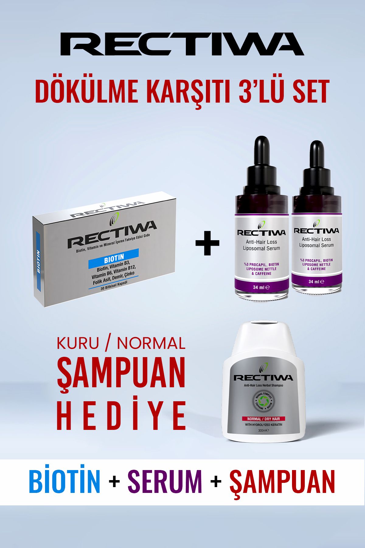 Rectiwa Kofre Kuru/Normal Saçlar Biotin Tablet+Serum+Şampuan