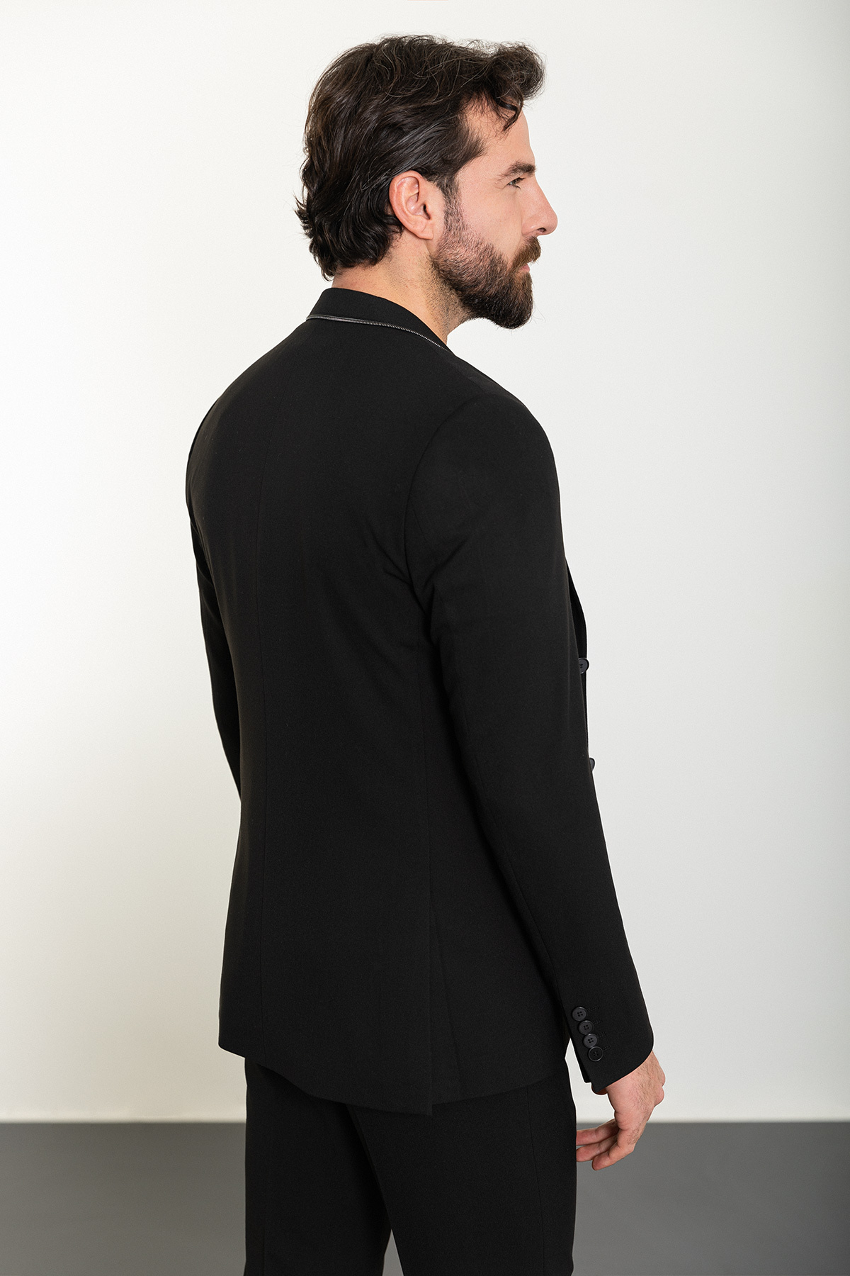 Düz Slim Fit Mono Yaka Fermuarlı Erkek Takım Elbise Siyah - 45316.24Y — رنگارنگ — تصویر 5 از 6