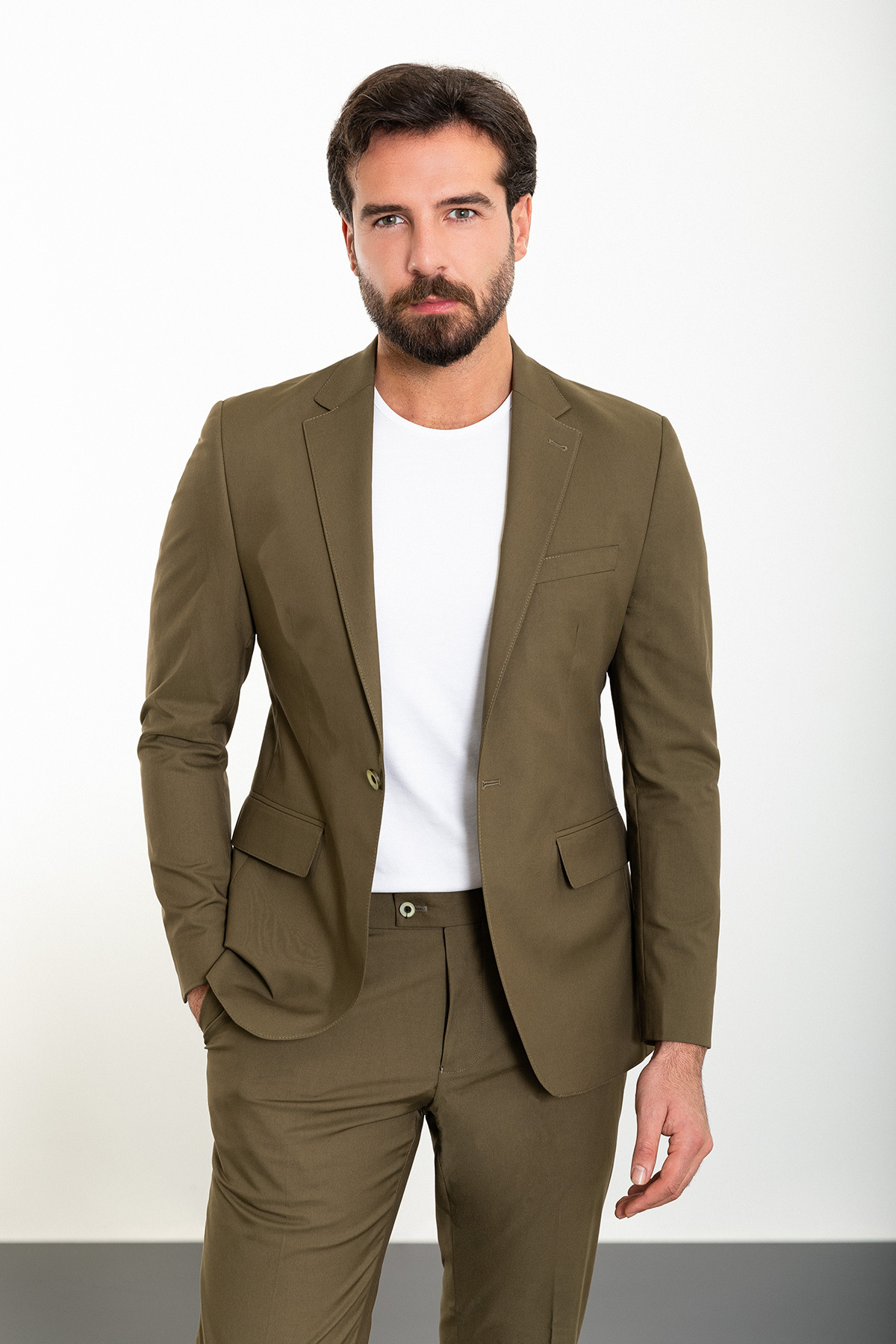 Plain Slim Fit Mono Neck Mens Suit Khaki - 45306.24Y