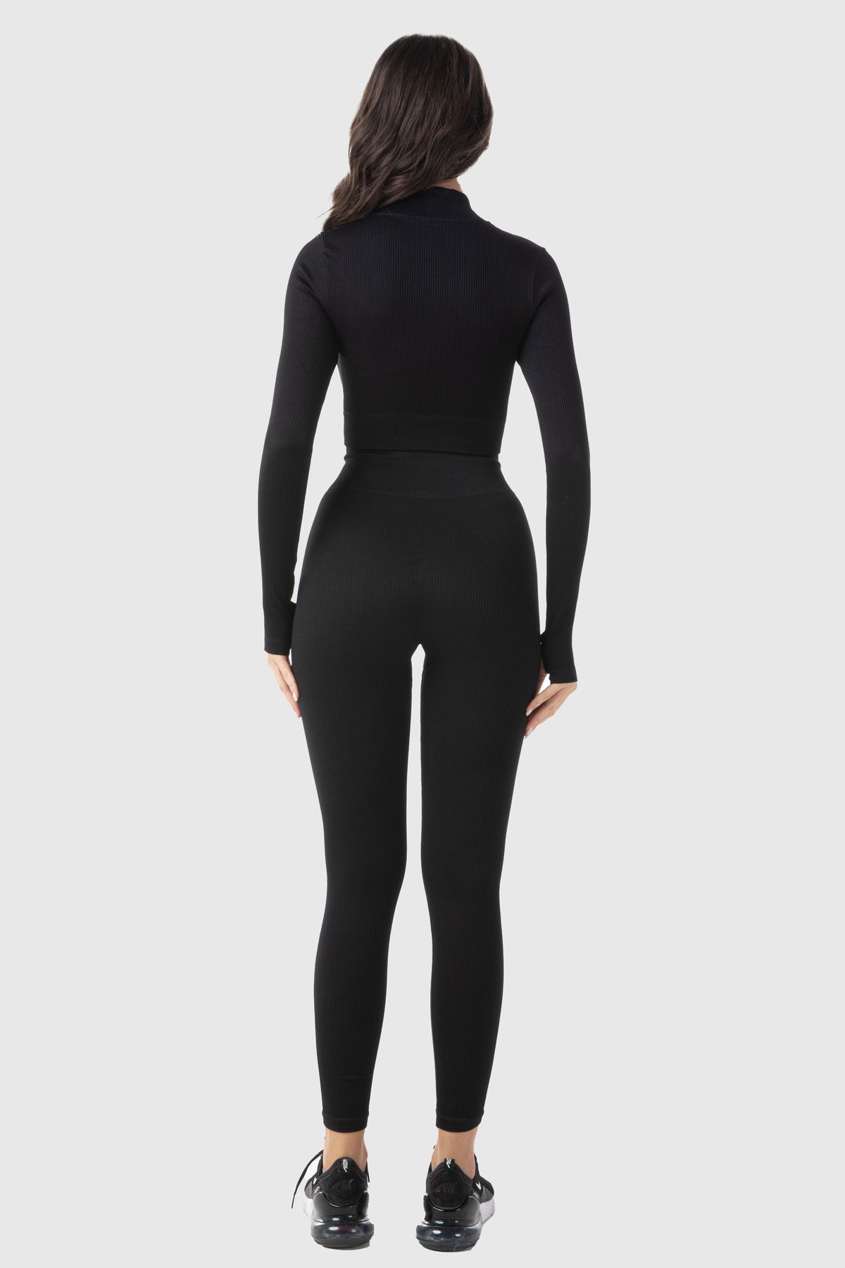 MODANTY-Women's Black Sports Set High Waist Tights Set Zippered Crop Recovery Seamless Fitness Outfit 4