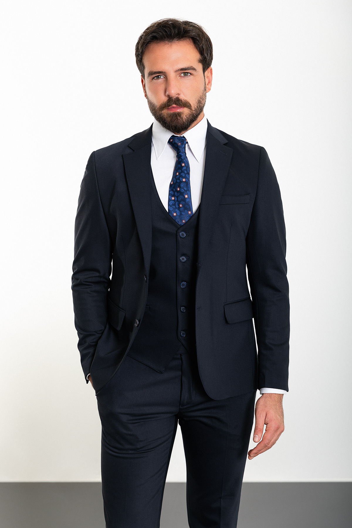 Mcr Straight Slim Fit Mono Collar Classic Men's Suit Navy Blue - 45303.24Y