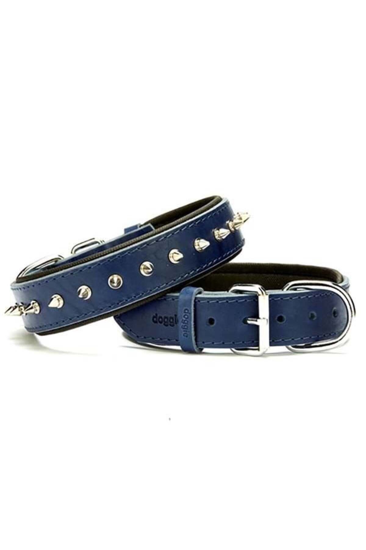 قلاده سگ آبی مردانه و زنانه یقه میخ دار چرم راحتی متوسط ​​3.5x47 55 سانتی متر KT.33481 Doggie