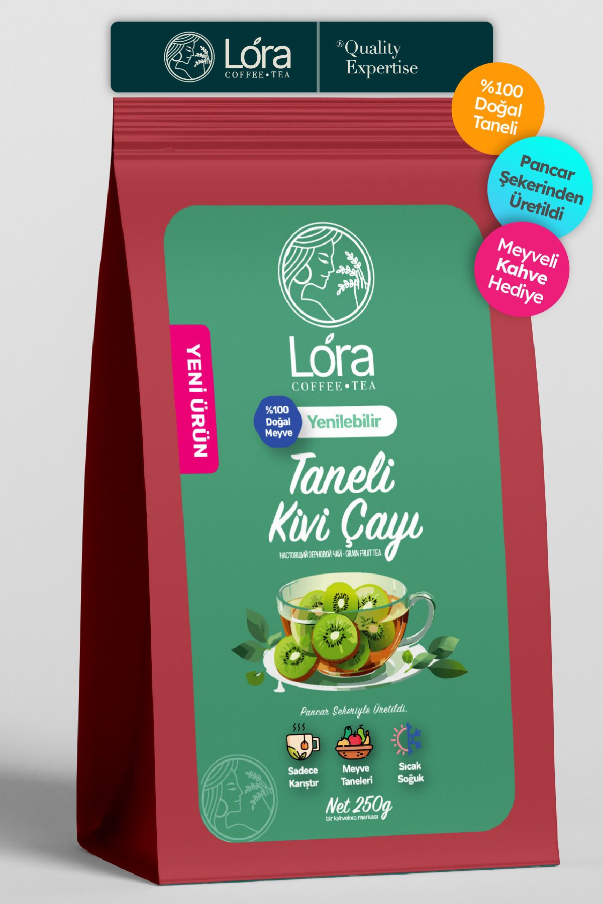 LoraTea 250g Doğal Yenilebilir Taneli Kivi Çayı - Bardakta Hazır - Sıcak Veya Soğuk Hazırla - Kivi Kurusu