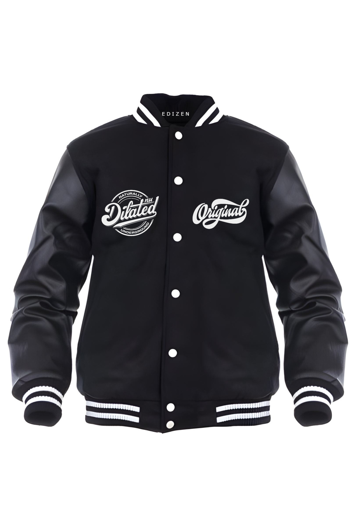 Edizen Kolları Deri Unisex Oversize Edenfall Baskılı Siyah Bomber Kolej Ceketi %100 Pamuk görsel 3