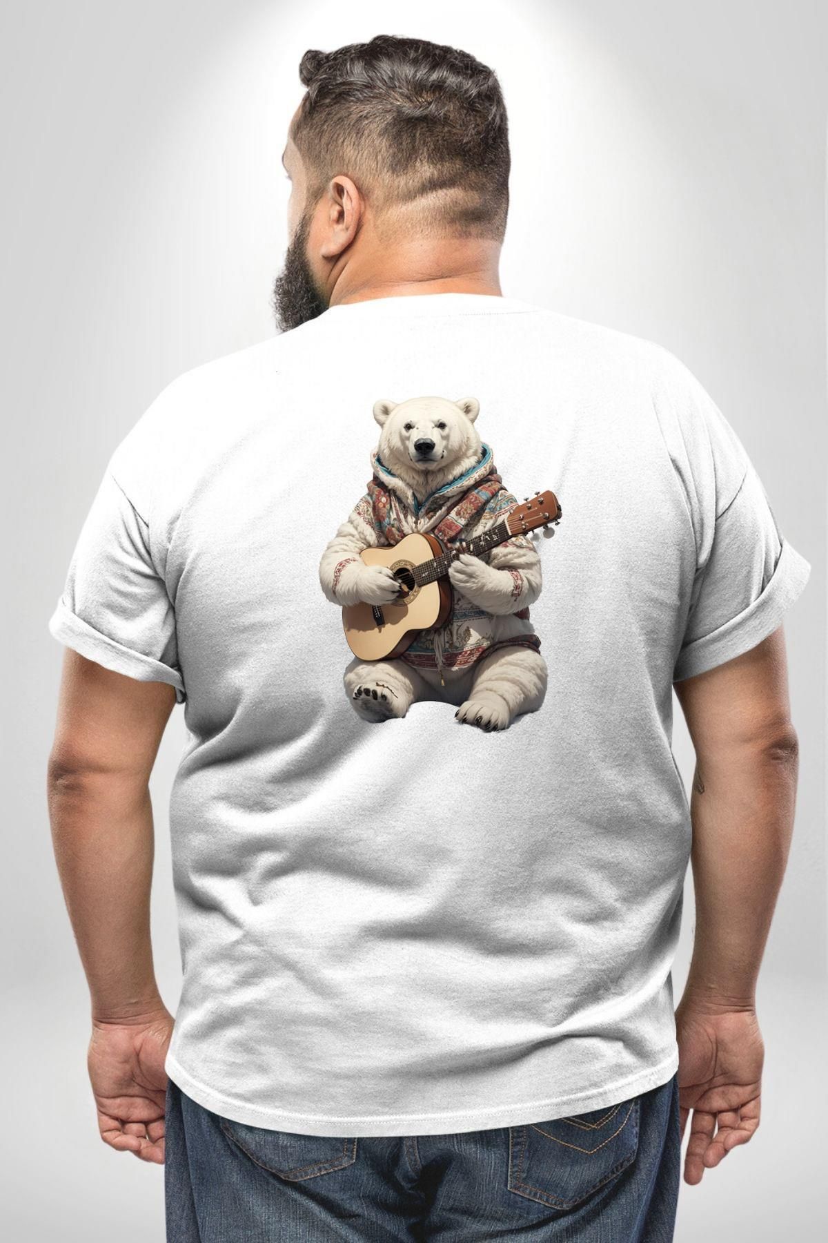 Angemiel-Large Size White T-Shirt - Polar Bear Guitar Fleece Jacket, Back Printed, Unisex 4