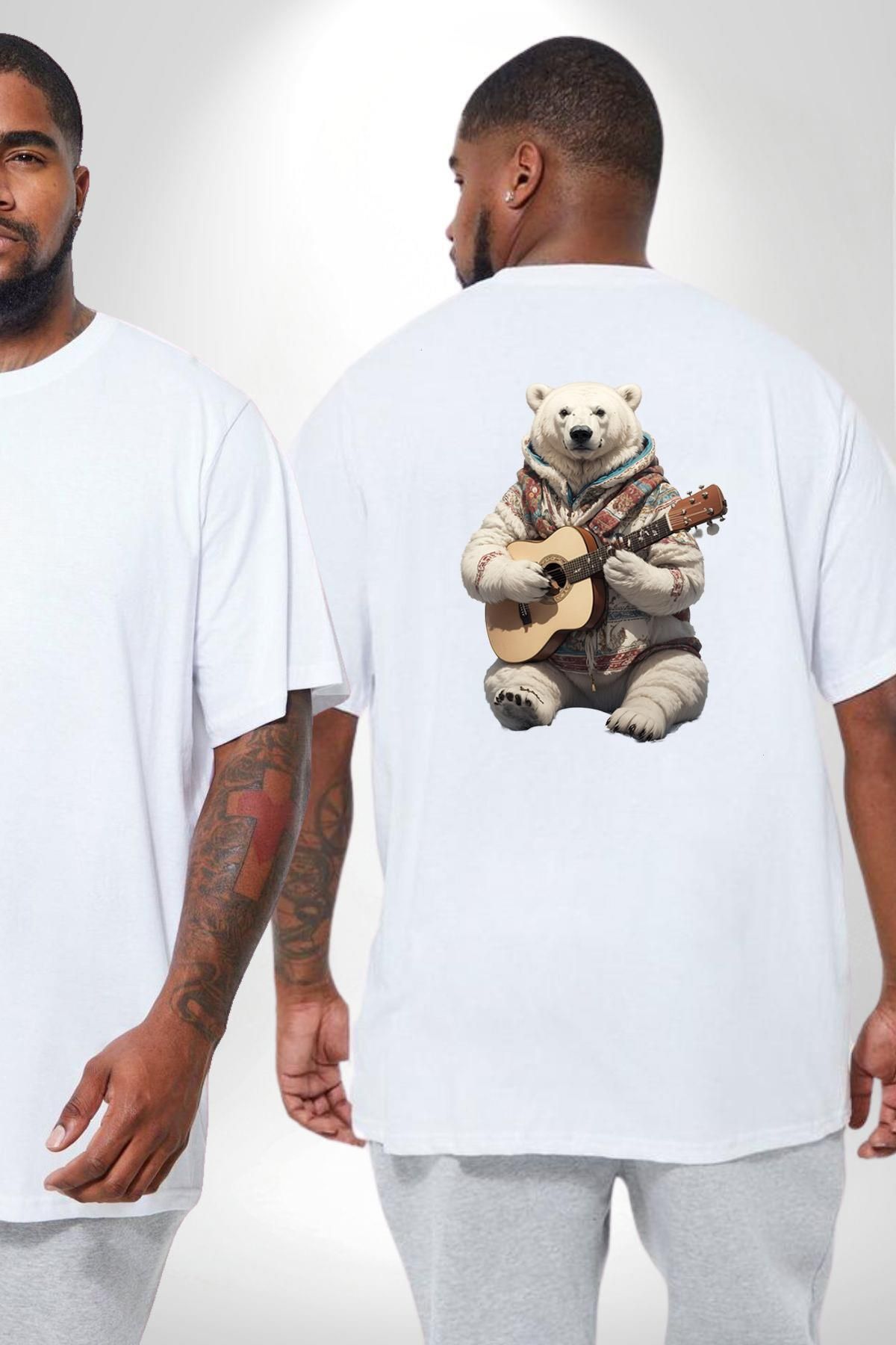 Angemiel-Large Size White T-Shirt - Polar Bear Guitar Fleece Jacket, Back Printed, Unisex 2