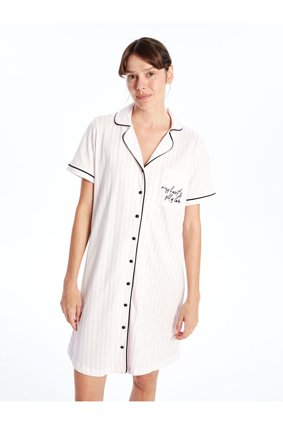 LC Waikiki-Lcw Dream Ecru Shirt Collar Embroidered Women's Nightgown 1