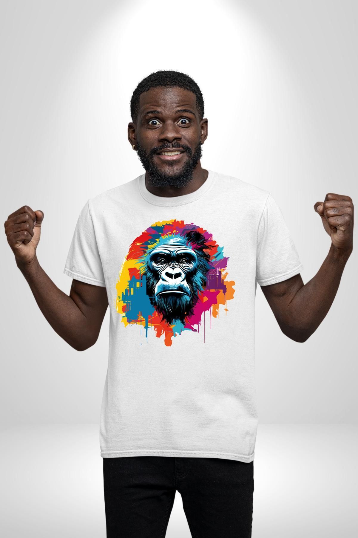 Angemiel-Tricou organic alb cu model Monkey Gorilla - Bumbac pieptănat unisex, de înaltă calitate 7