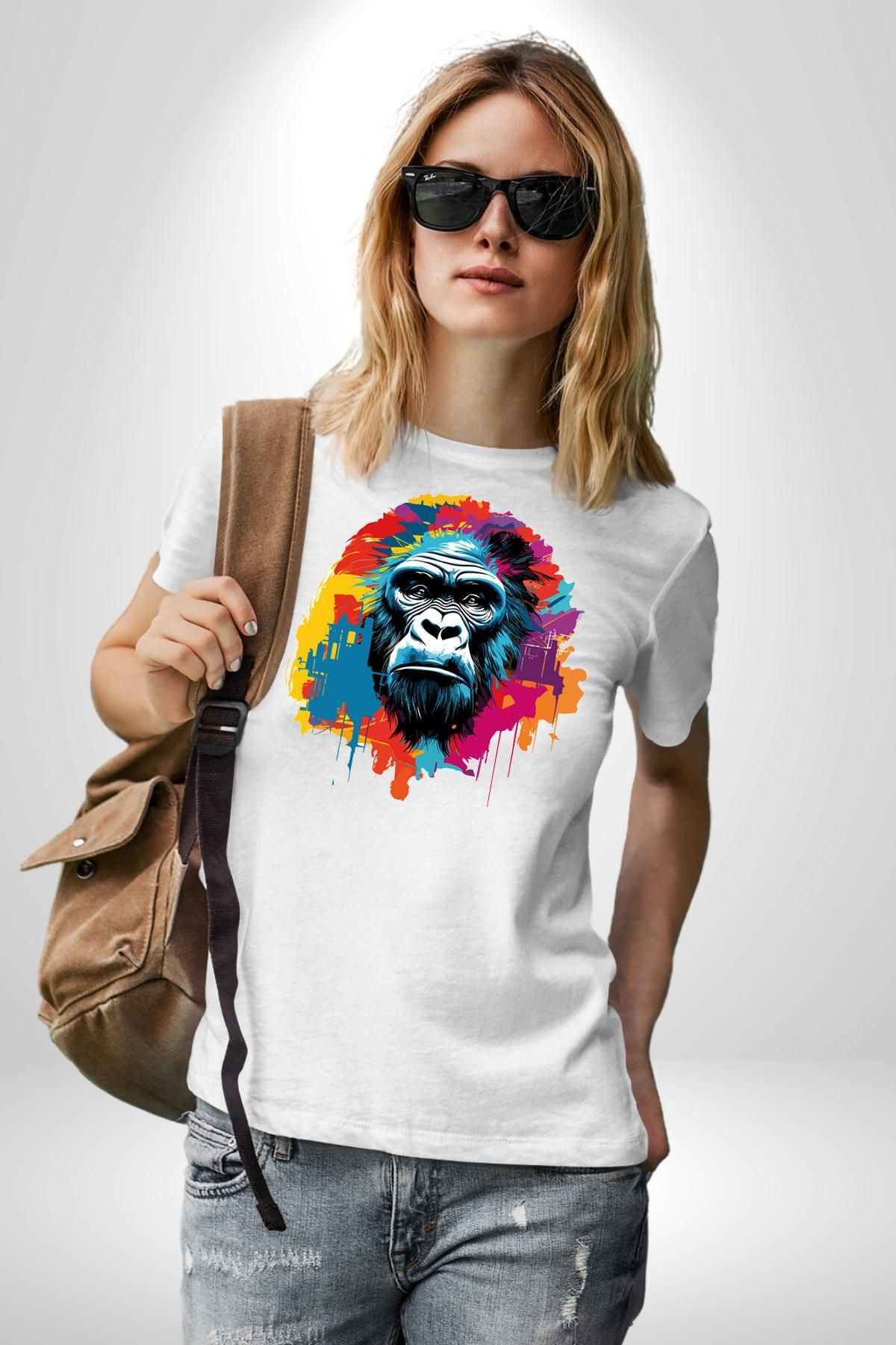 Angemiel-Tricou organic alb cu model Monkey Gorilla - Bumbac pieptănat unisex, de înaltă calitate 1